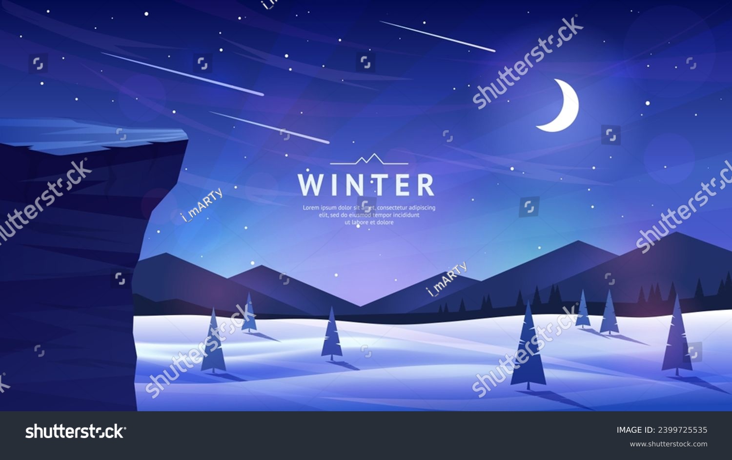 Winter landscape. Fir trees in snowdrifts. Night sky, stars and moon. A cliff in the foreground. Silhouettes of mountain ranges. Design for background, cover, banner, postcard. Vector image. #2399725535