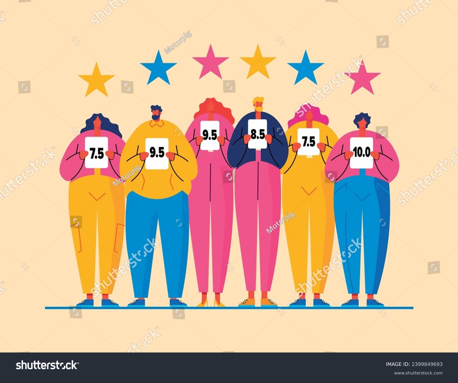 Group of cartoon colorful people holding score cards with numbers, stars above them. Contest jury, voting concept, customer feedback web page banner. Vector #2399849693