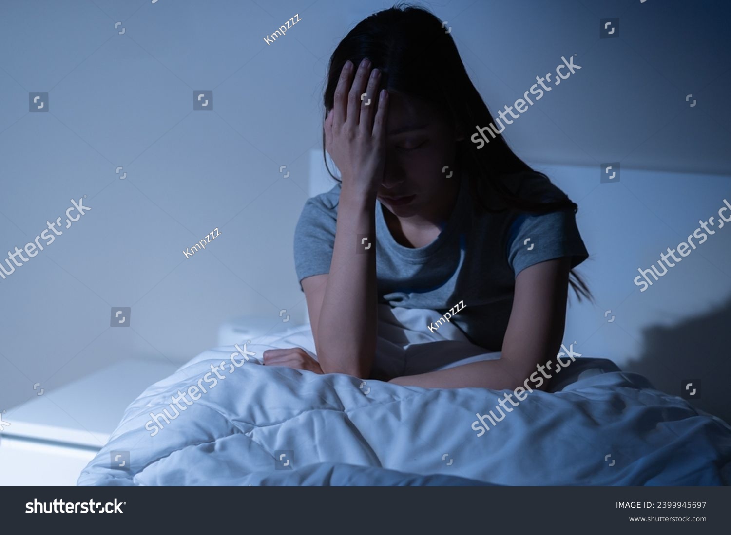 Sad worried and stressed, depressed asian young woman, girl suffering in bed from insomnia problem, awake at night, hand covering face from trouble disturbed loud noise, unable sleep. Restless people. #2399945697