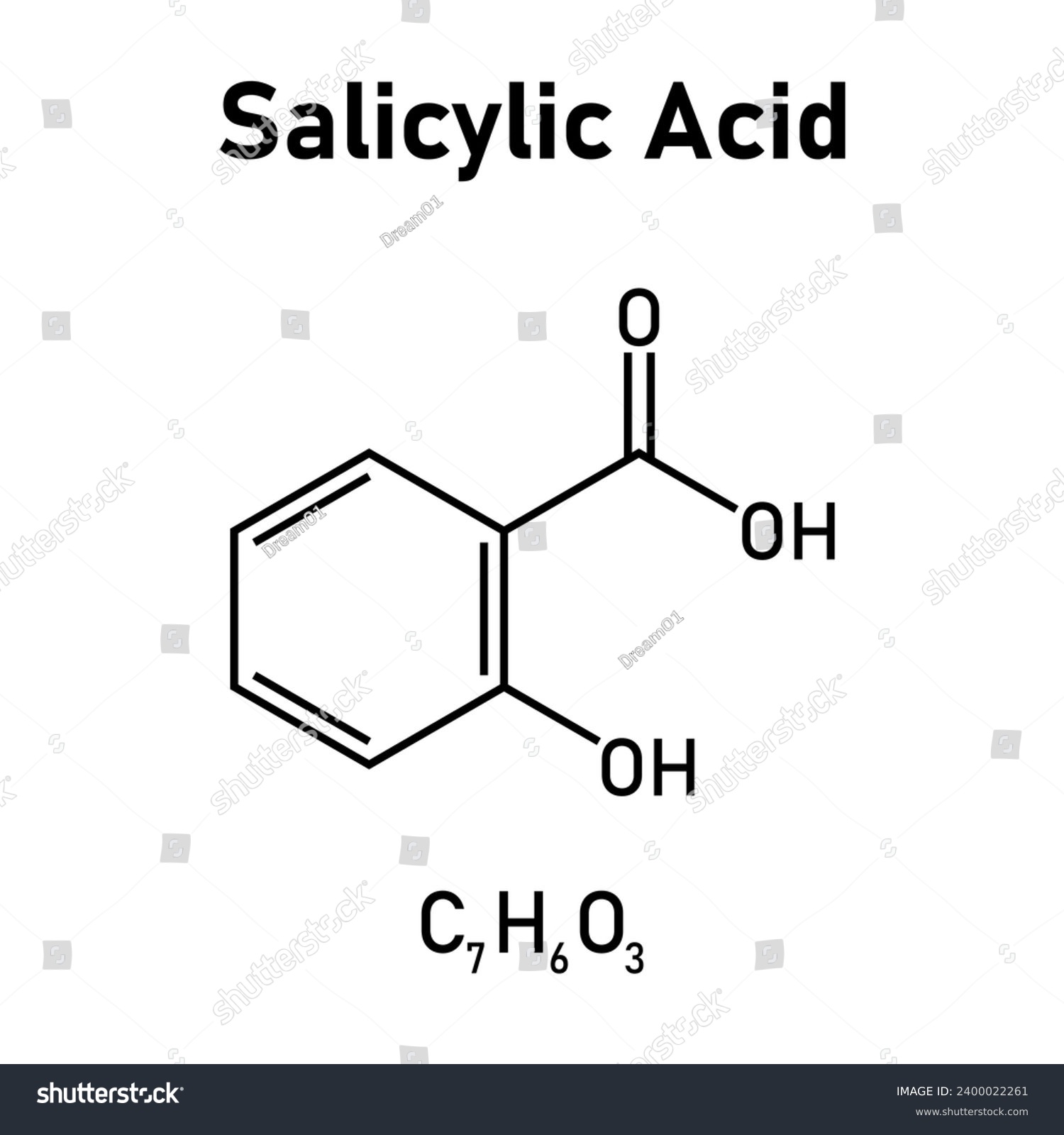 Chemical structure of Salicylic acid (C7H6O3). Chemical resources for teachers and students. Vector illustration. #2400022261