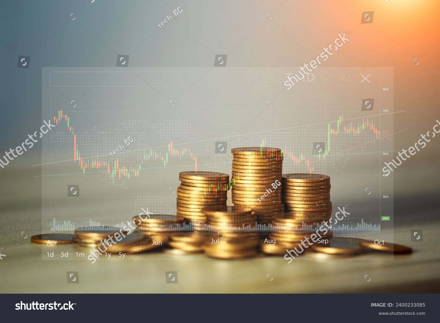 coin is placed in a graph showing a decrease in interest and inflation has declined worldwide. stock investment concept wealth stock market volatility Inflation decreases, investor wealth decreases. #2400233085