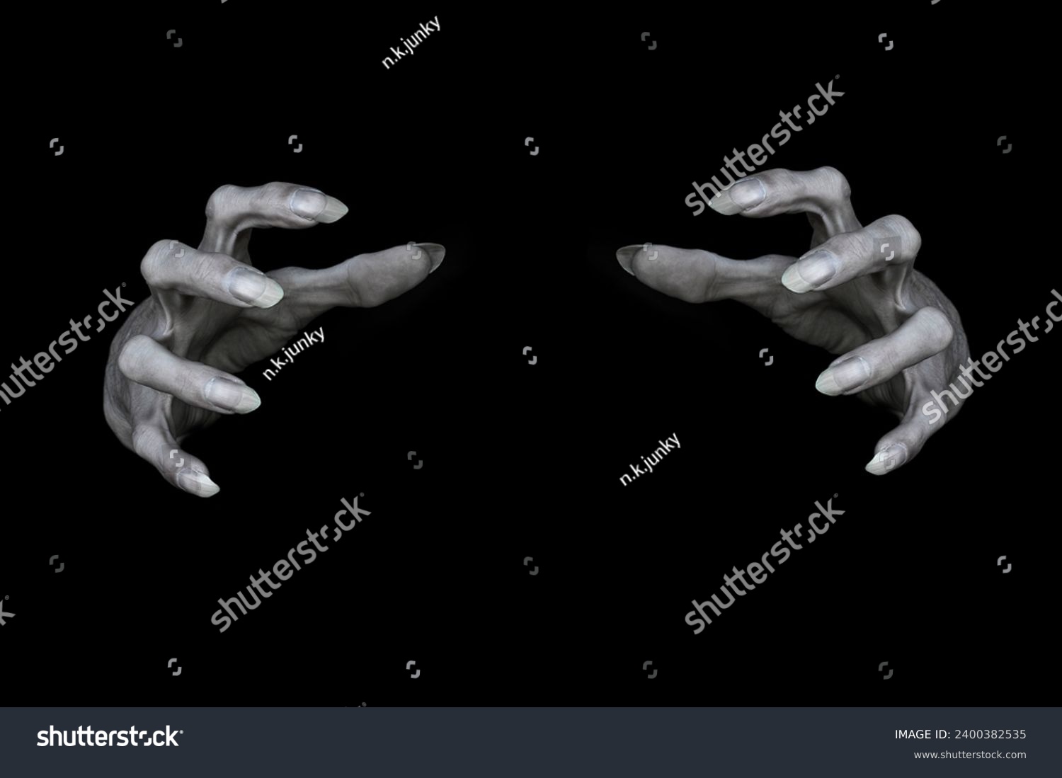 Bony pale male hands of vampire or dead with sharp nails in the dark. Monsters fingers try to grab something, low key, selected focus. Halloween, Samhain, witchcraft, evil, demon and horror concept. #2400382535