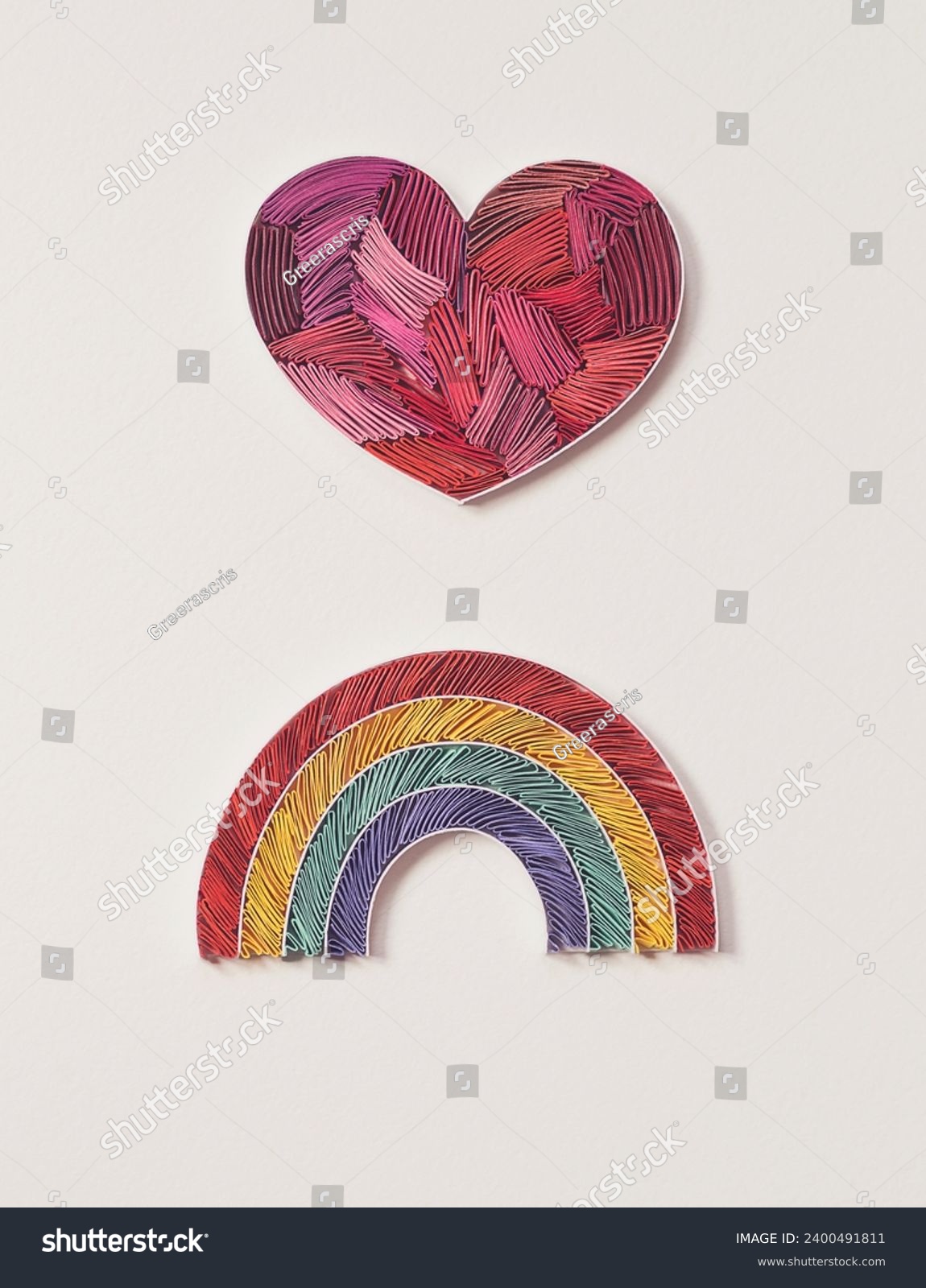 Paper heart and rainbow on white background. Happy valentine day, peace, LGBTQ+ community and love concept. symbol of community modern flat design peace sign. Hand made of paper quilling technique.  #2400491811