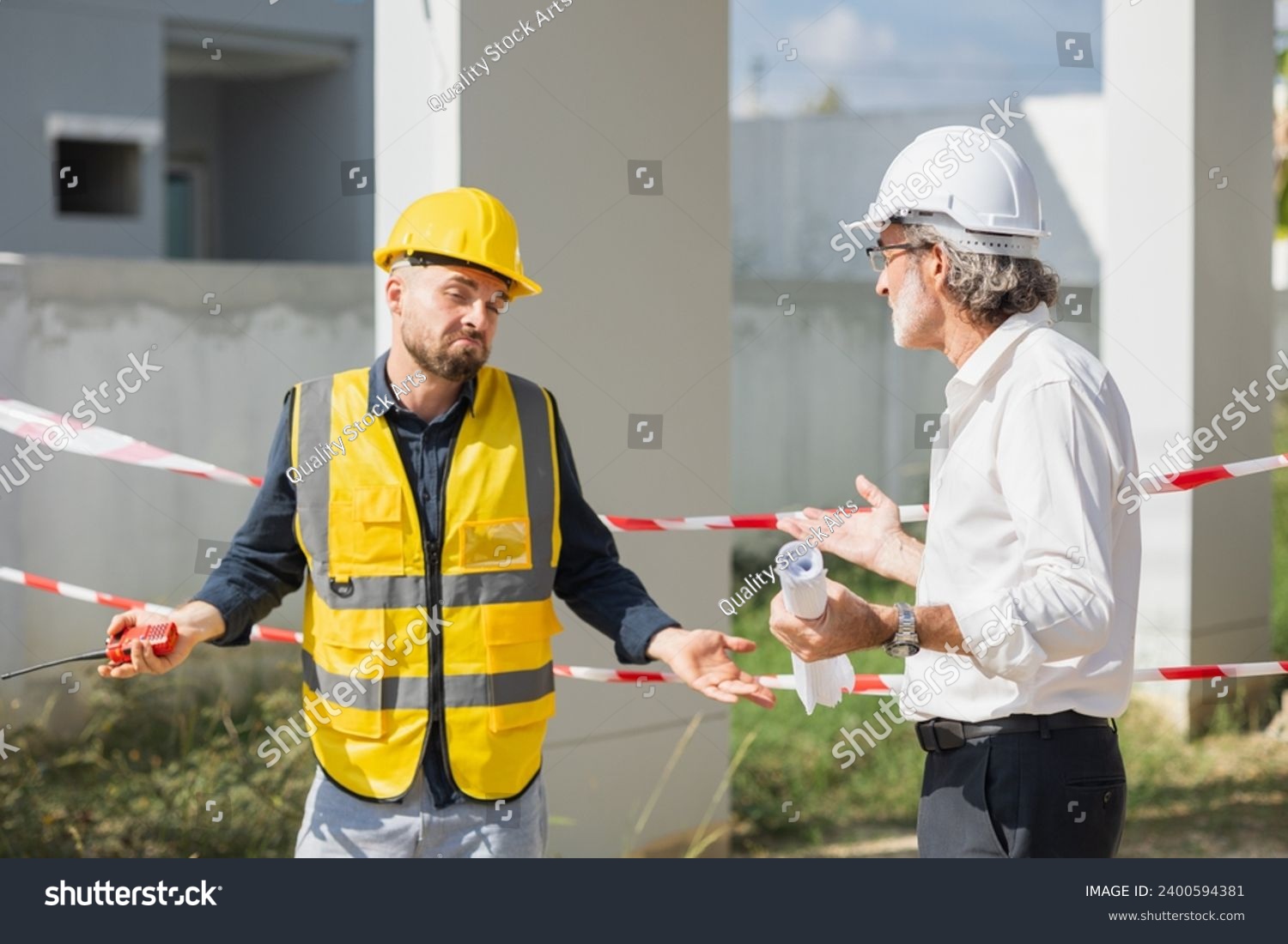 Senior officer male argue complain blame to construction engineer foreman for bad construction low quality project fail not pass standard problems #2400594381