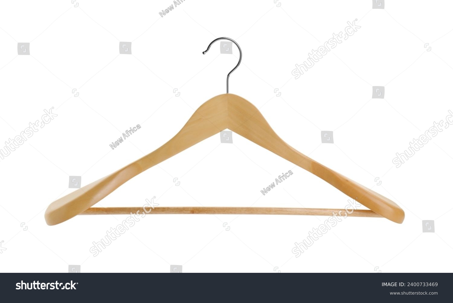 Empty wooden hanger isolated on white. Wardrobe accessory #2400733469