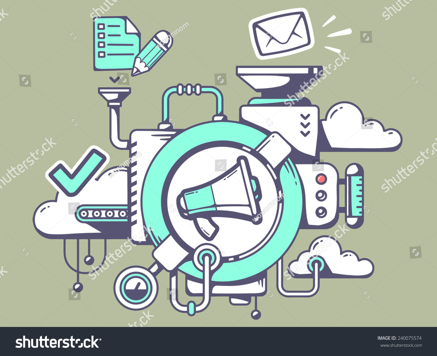 Vector illustration of mechanism with megaphone and office icons on green background. Line art design for web, site, advertising, banner, poster, board and print. #240075574
