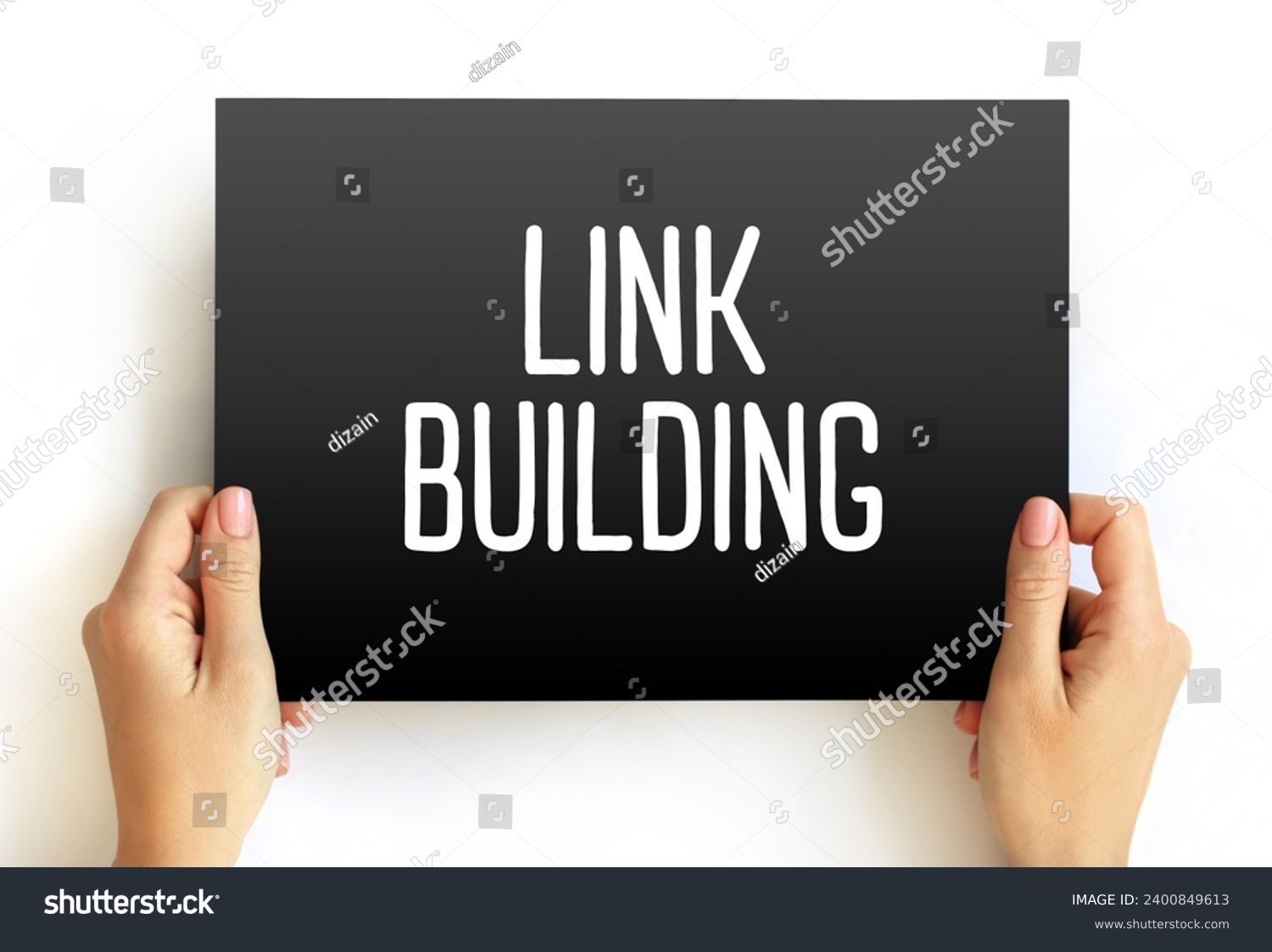 Link building - practice of building one-way hyperlinks to a website with the goal of improving search engine visibility, text concept on card #2400849613