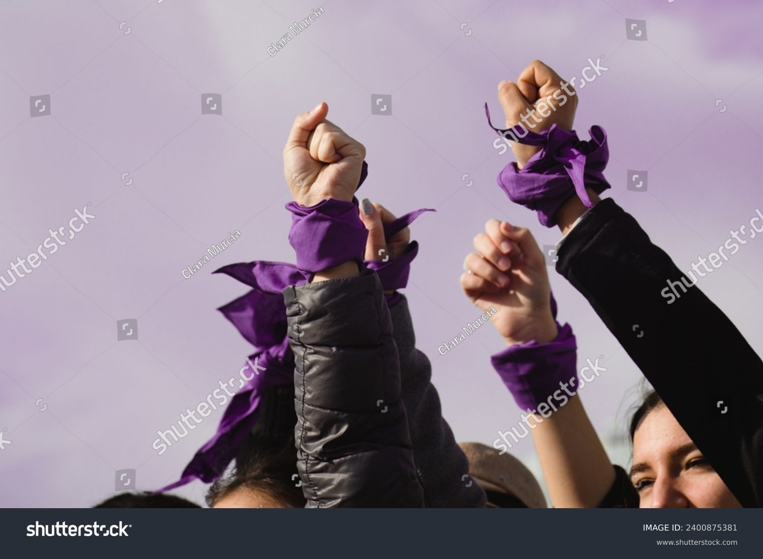 women empowerment : strong women defending rights on 8 march demonstration. Purple colours #2400875381