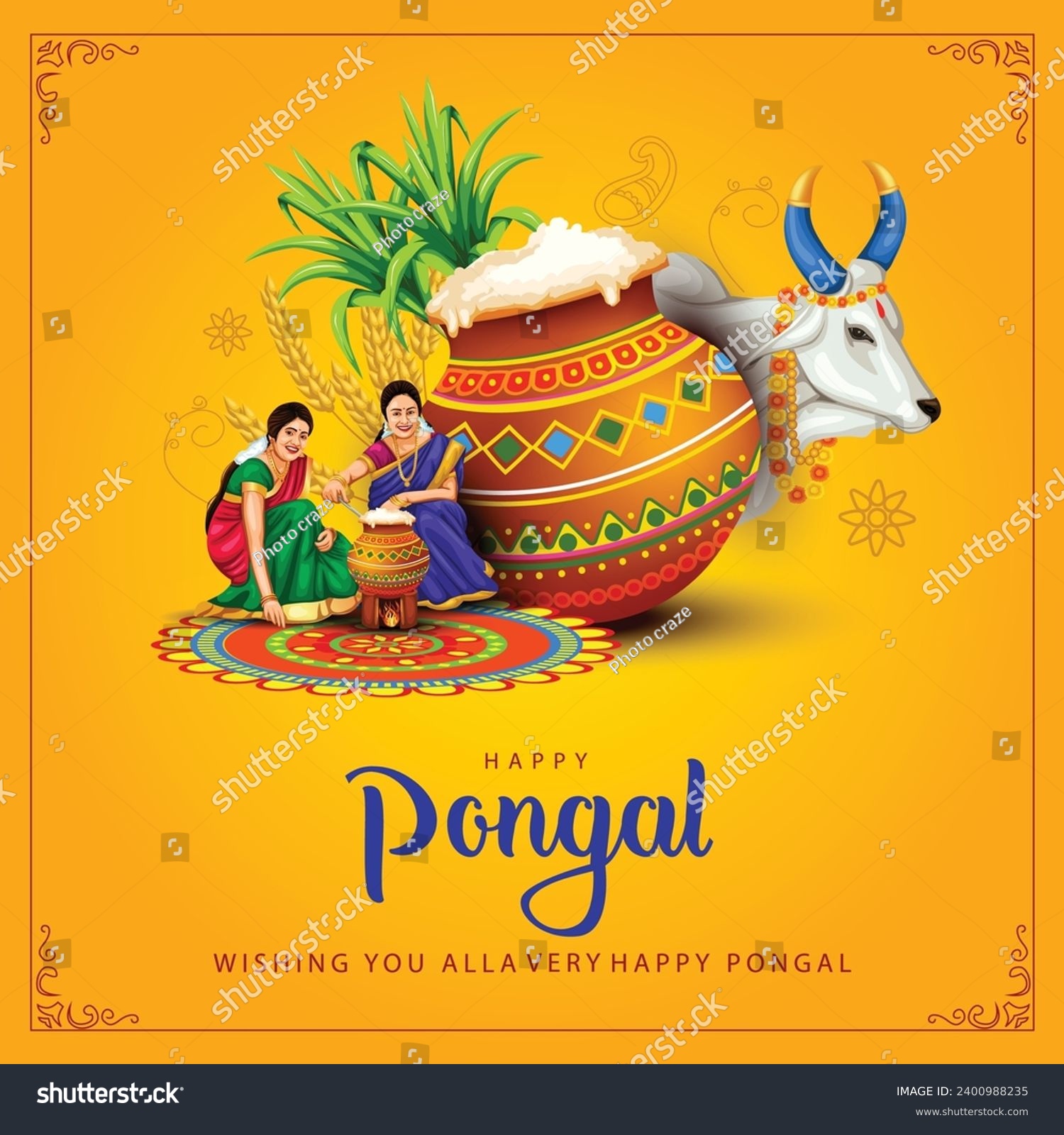 new illustration of Happy Pongal Holiday Harvest Festival of Tamil Nadu woman's making Pongal. vector background design #2400988235