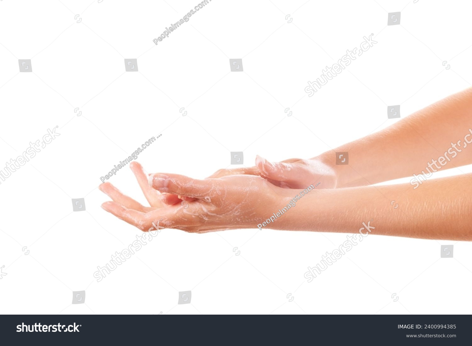 Health, soap and closeup of washing hands in studio for hygiene, wellness or selfcare. Grooming, cosmetic and zoom of person or model clean skin to prevent germs, bacteria or dirt by white background #2400994385