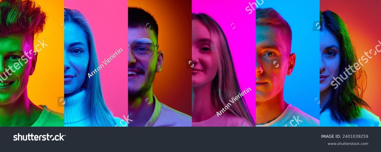 Collage made of half-faced portrait of different young people, men and women smiling over multicolored background in neon light. Concept of diversity, emotions, lifestyle, equality, youth #2401039259