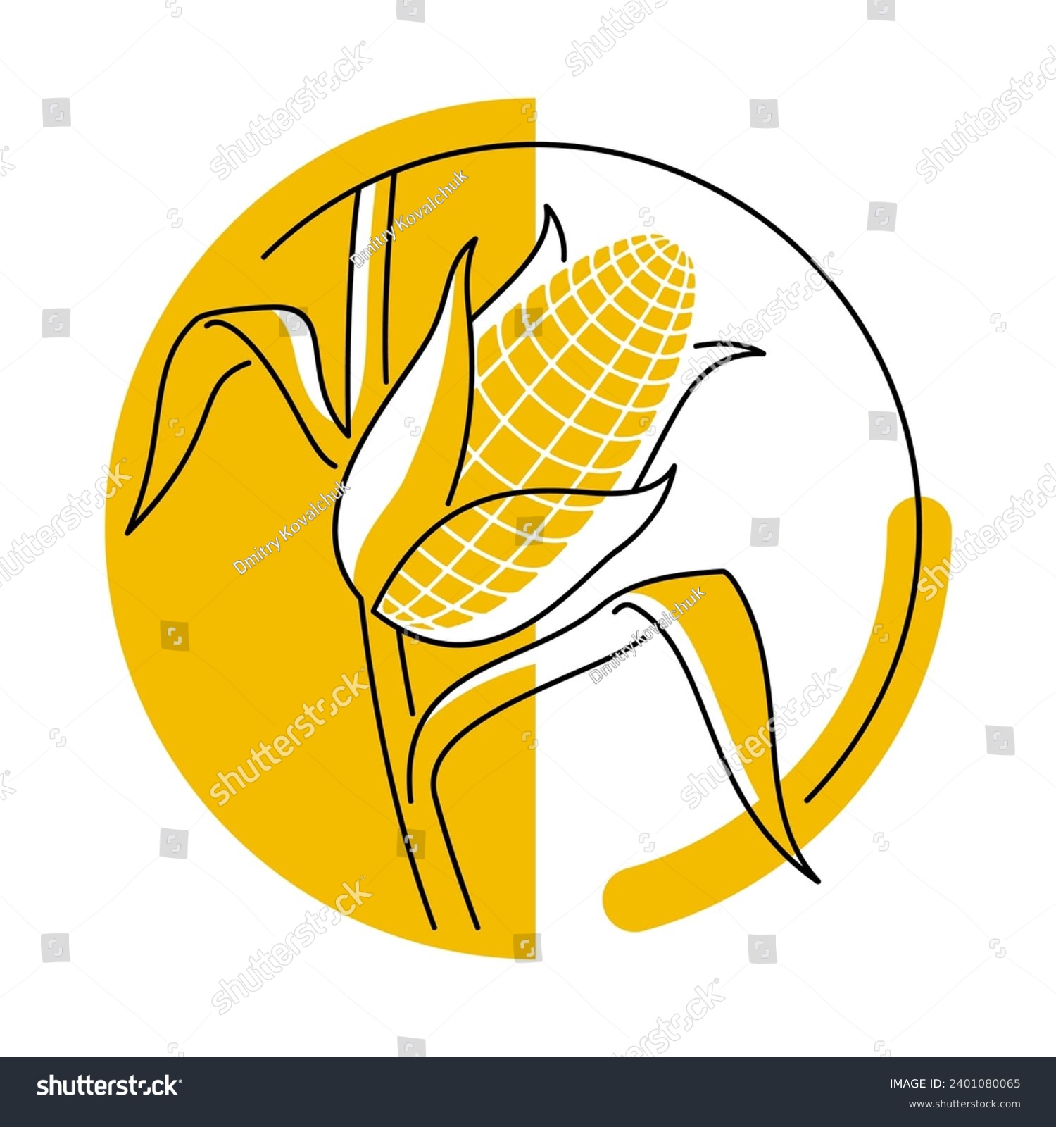 Corn icon in thin line and yellow semicircle on background. Labeling of natural food ingredient. Isolated vector badge #2401080065