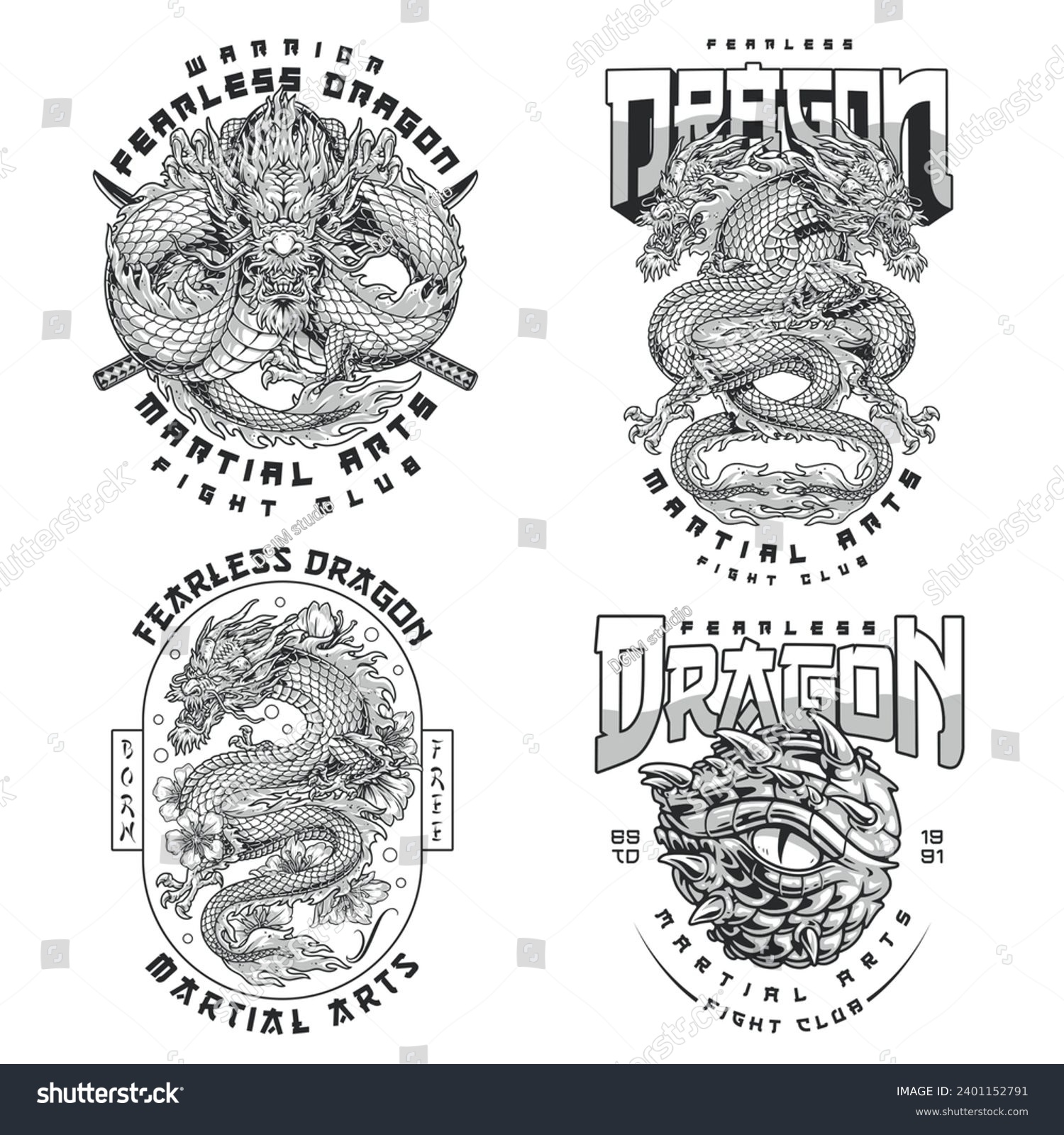 Asian martial arts set posters monochrome with - Royalty Free Stock ...
