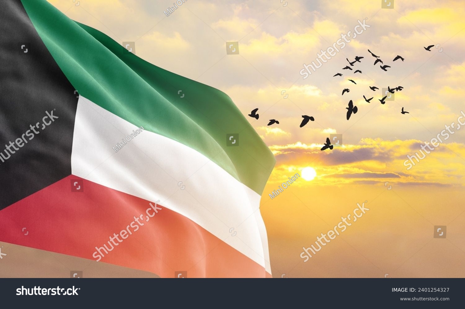 Waving flag of Kuwait against the background of a sunset or sunrise. Kuwait flag for Independence Day. The symbol of the state on wavy fabric. #2401254327
