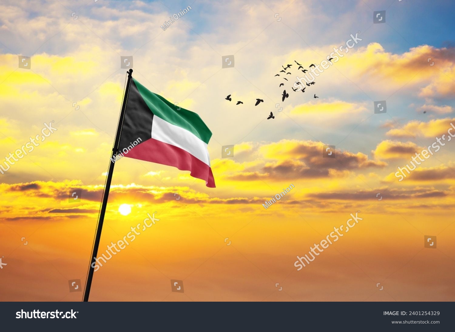 Waving flag of Kuwait against the background of a sunset or sunrise. Kuwait flag for Independence Day. The symbol of the state on wavy fabric. #2401254329