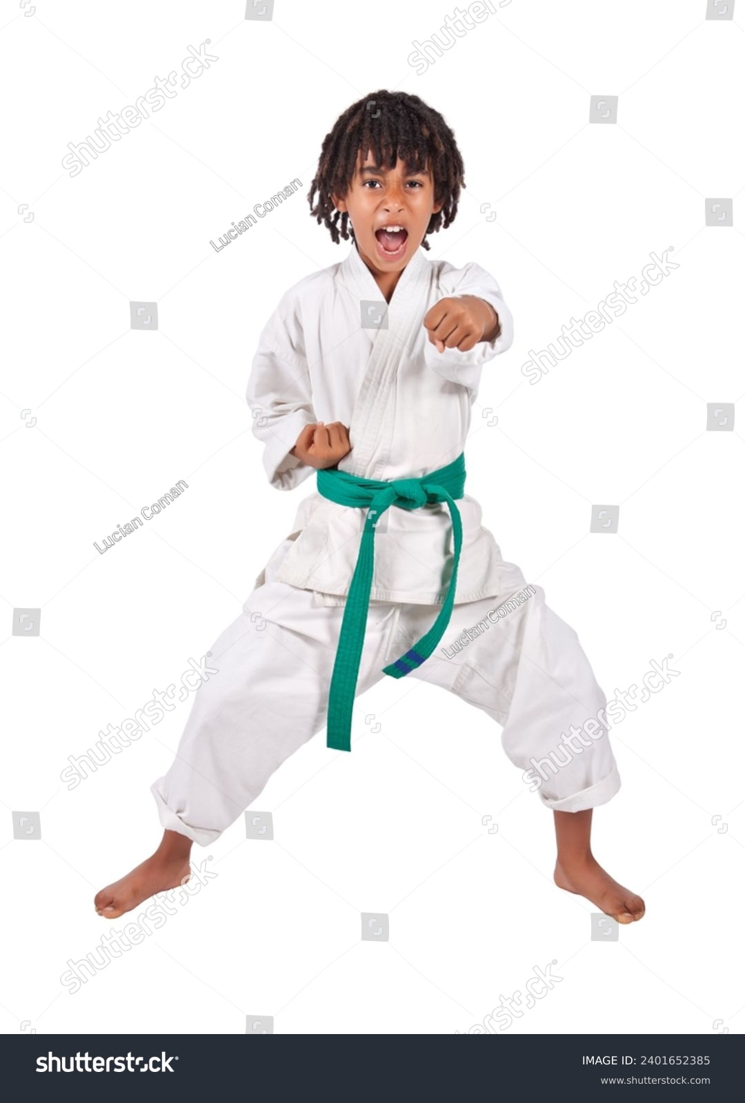 african american boy in karate suit training, mixed race , uniform karate gi , keikogi or dogi, suit is white, he is mixed race with braids, dreadlocks, isolated on white background #2401652385