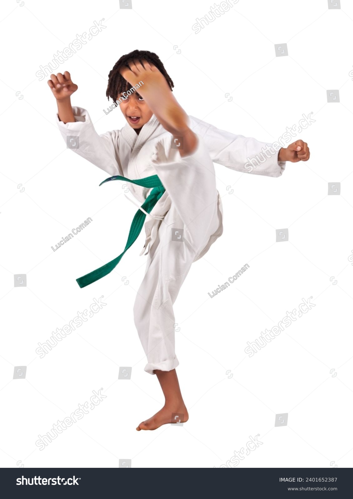 african american boy in karate suit training, mixed race , uniform karate gi , keikogi or dogi, suit is white, he is mixed race with braids, dreadlocks, isolated on white background #2401652387