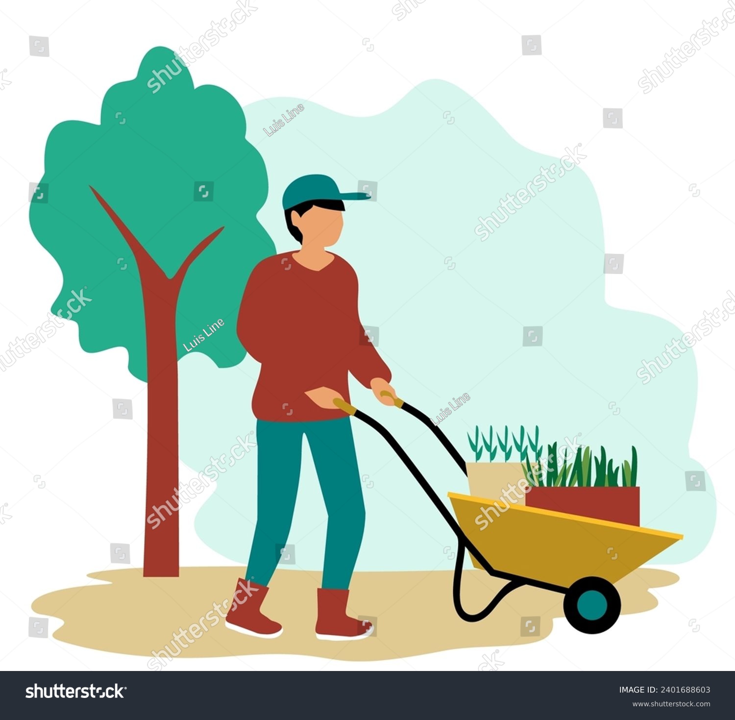 Man with wheel barrow, gardening concept. Farmer with a wheelbarrow. Gardeners work. A man pushes a wheelbarrow with seedlings. Flat illustration #2401688603