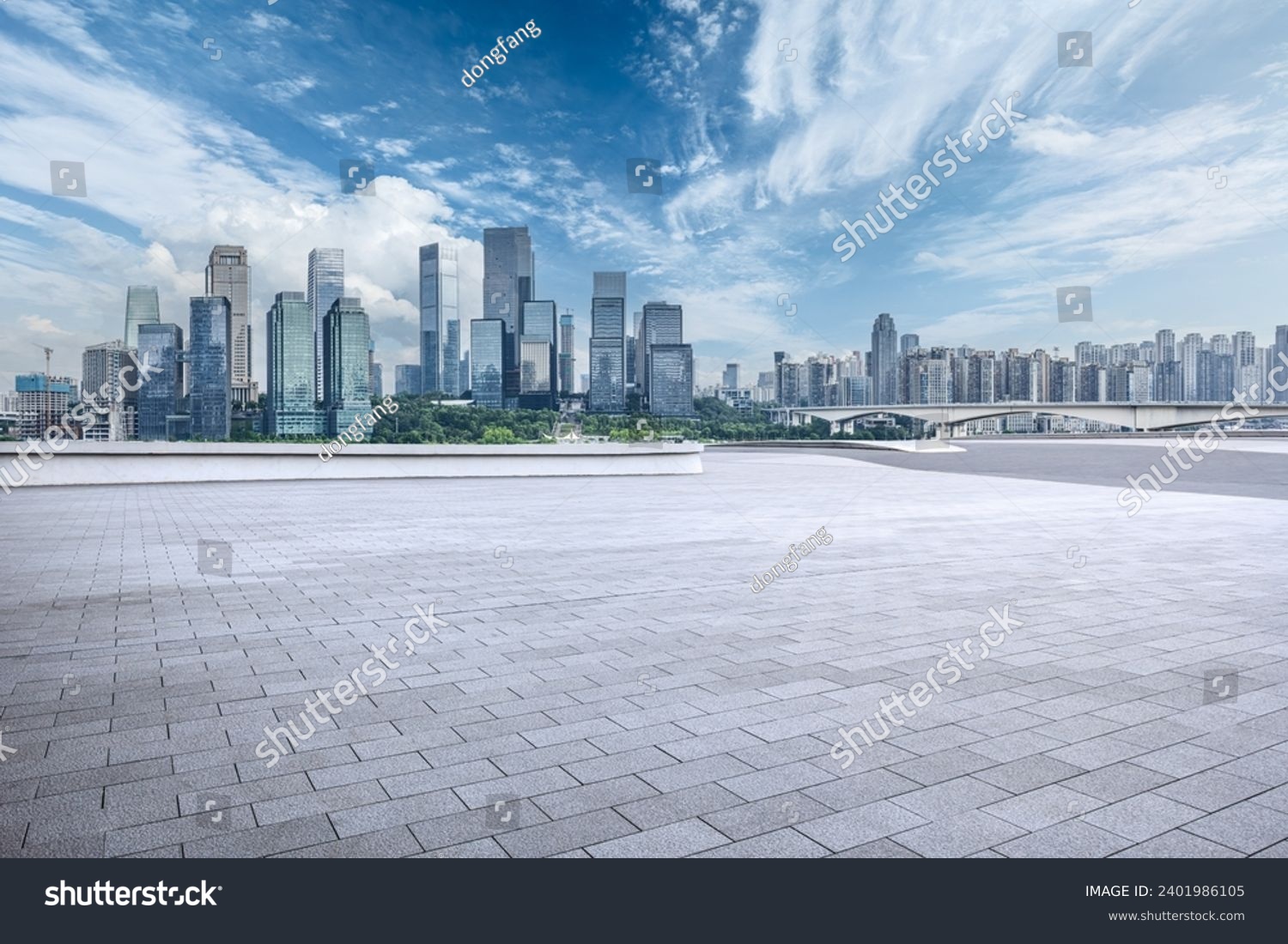 Empty brick floor and skyline of Chongqing city center in China #2401986105