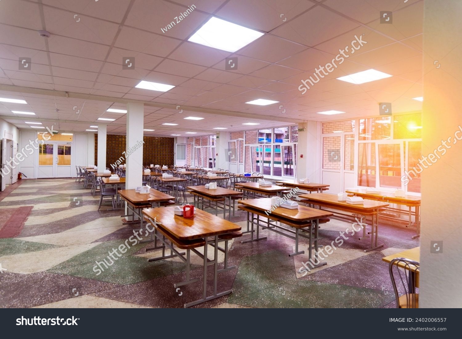 Cafeteria, dining room in university, cafe with tables and chairs, counter bar hotel. #2402006557