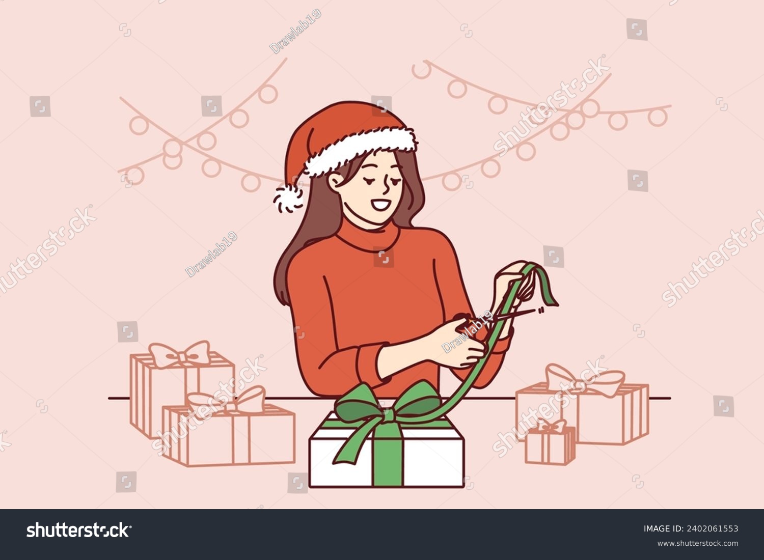 Christmas woman makes gifts with own hands, rejoicing at approach of new year holidays. Girl in santa hat preparing christmas giftbox for friends or family members and making bow from ribbon #2402061553