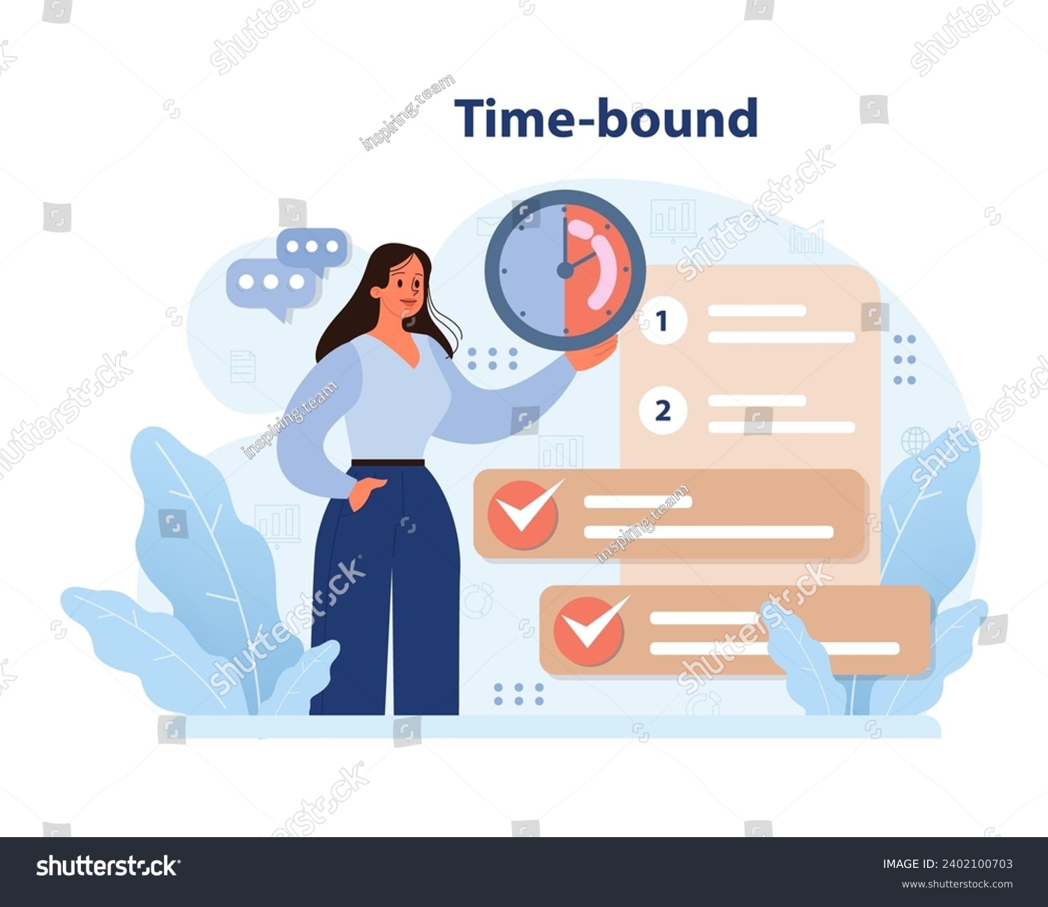 Prioritizing time-bound objectives. Woman with clock emphasizes deadline adherence, checklisted tasks, and punctual project completion. Meeting targets timely, efficient scheduling. Flat vector #2402100703