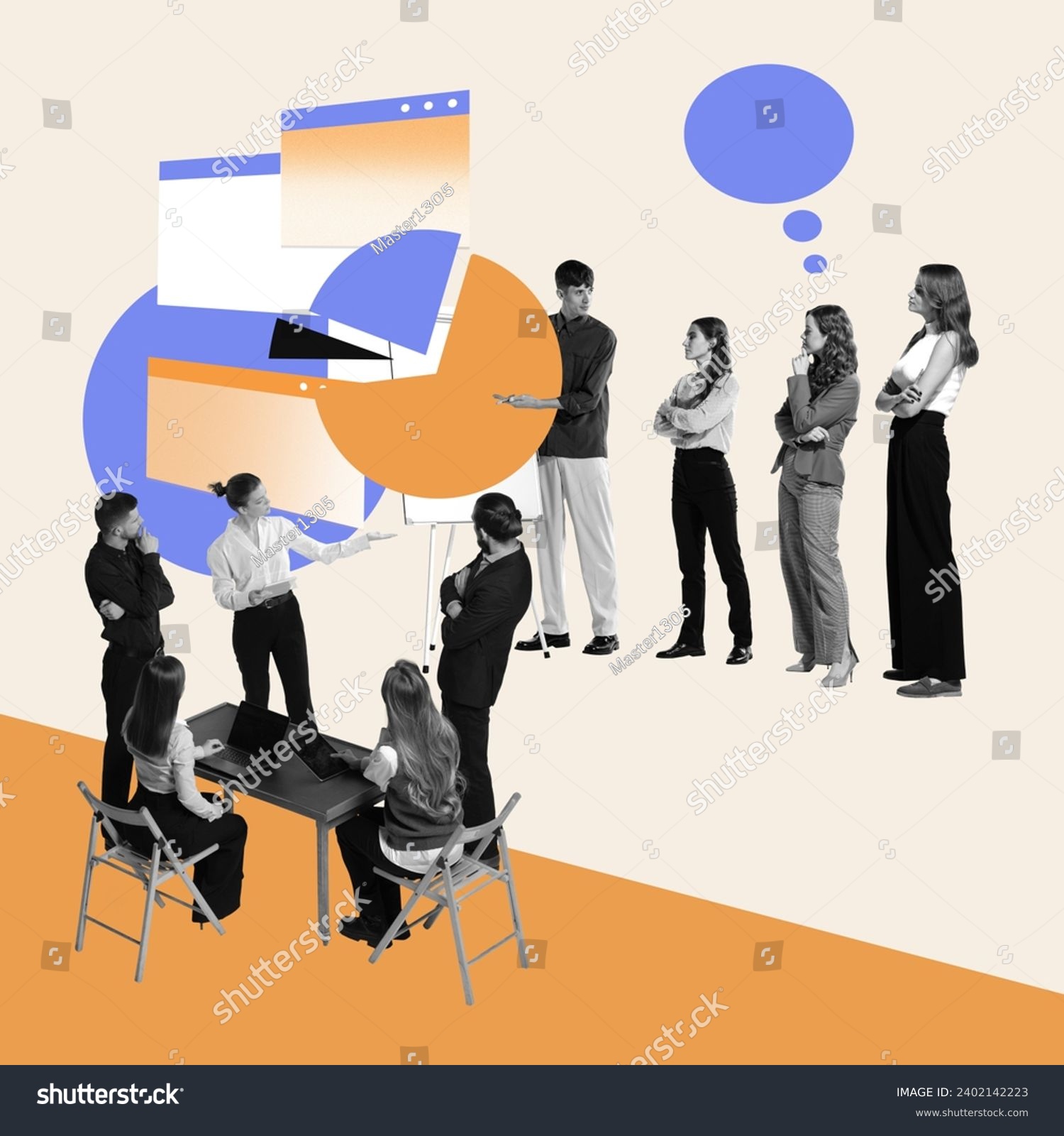 Business meeting, briefing. Employees, colleagues meeting for project discussion, working with analytics and strategies. Contemporary art collage. Concept of efficiency, business, office, workflow #2402142223
