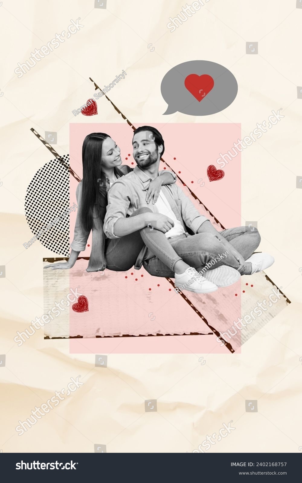 Vertical artwork poster collage sitting joyful couple love relationship feeling share enamoured valentine day celebration together #2402168757