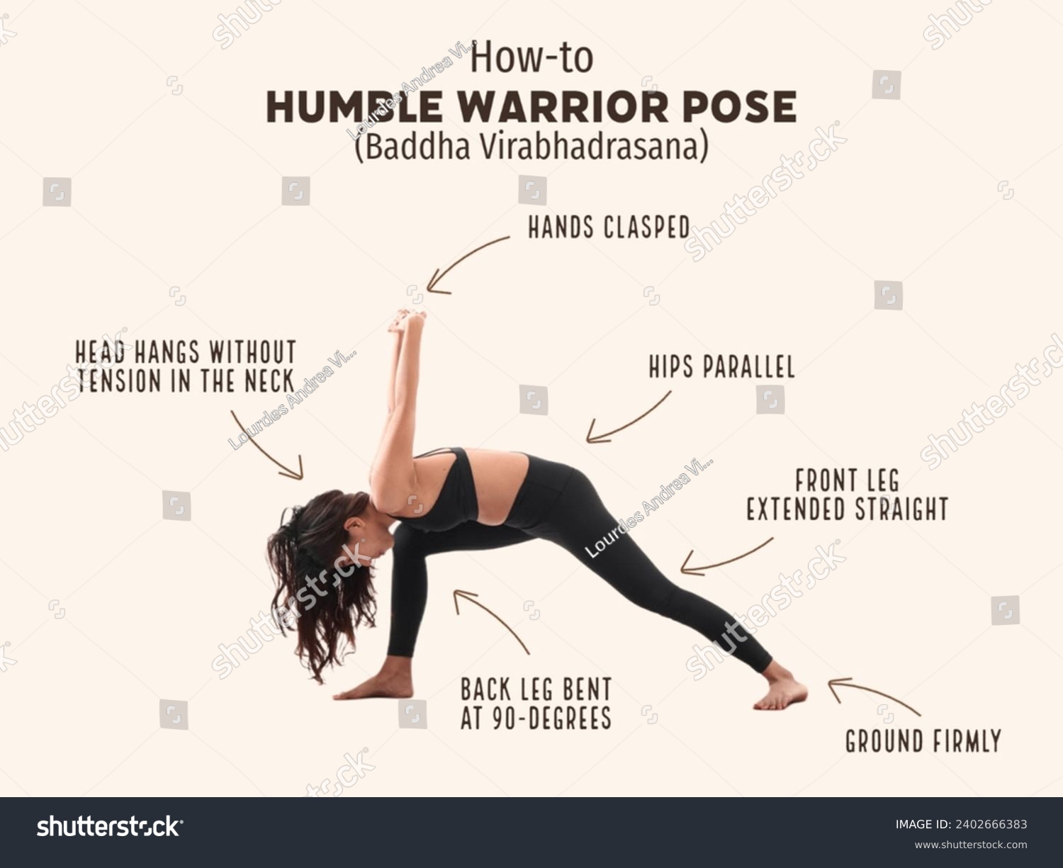 Humble Warrior pose (Baddha Virabhadrasana) is an intermediate pose that stretches the hips, strengthens the legs, and improves balance. #2402666383