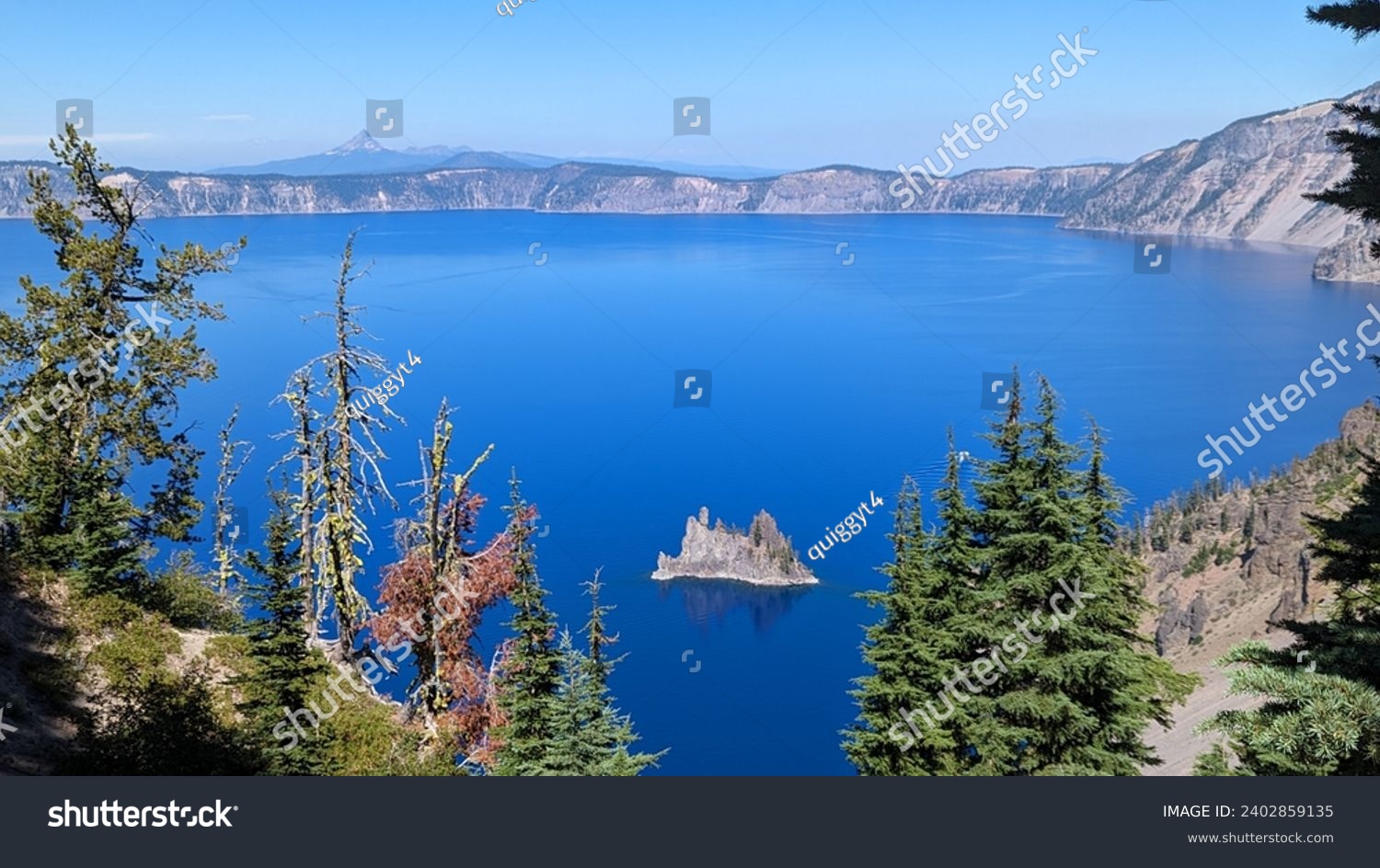 View of Crater Lake and the Phantom Ship rock formation at Crater Lake National Park, Oregon #2402859135