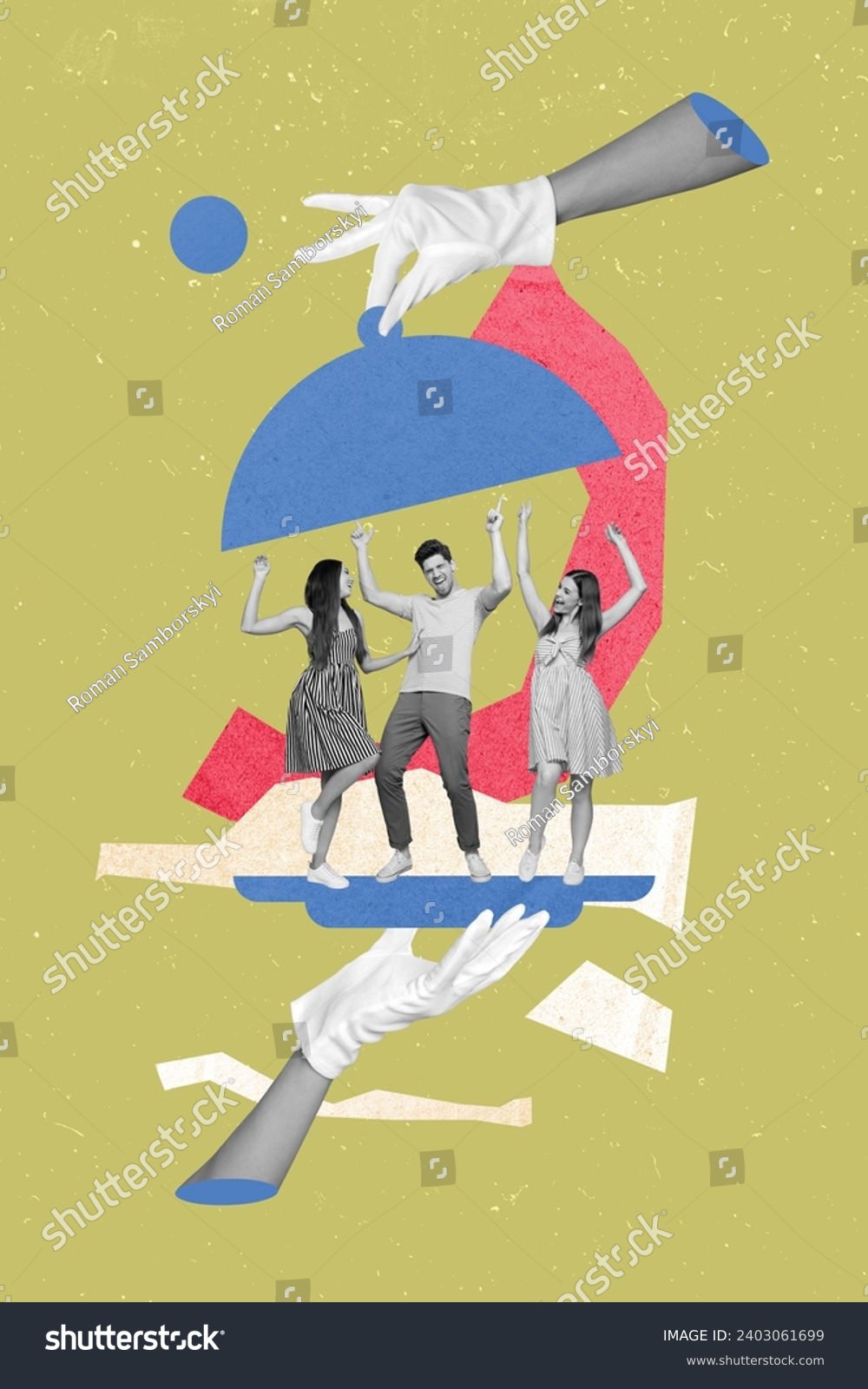 Vertical photo artwork minimal collage of three people buddies have fun in serving plate at restaurant dancing isolated on khaki background #2403061699