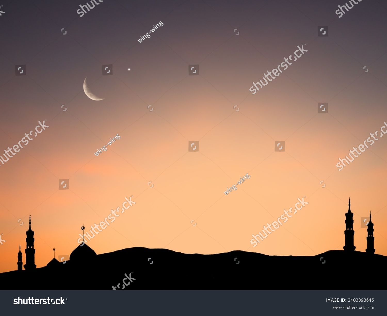 Greeting Miraj Musque Dome Night Building with Sky Moon Sunset Background Mubaruk Greeting Islam Ramadan Element Masjid Aqsa Hajj Kaaba Umrah Eid Arabian Religion Islamic Muhammad Arab Muslim #2403093645