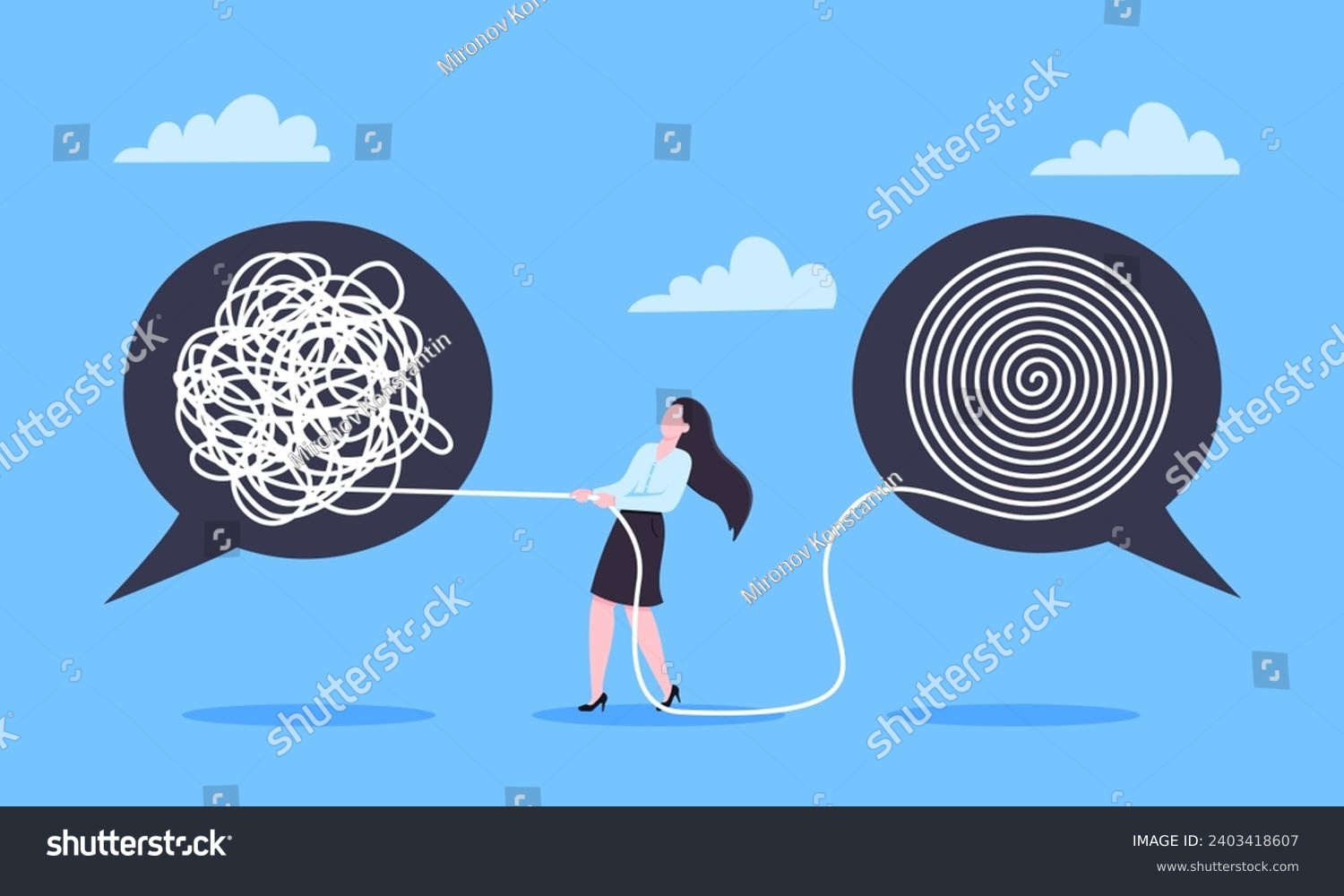 Unravel business chaos process with tangle difficult problem mess business concept flat style design vector illustration. Chaos to order, complex to simple metaphor with person trying solve mess cable #2403418607
