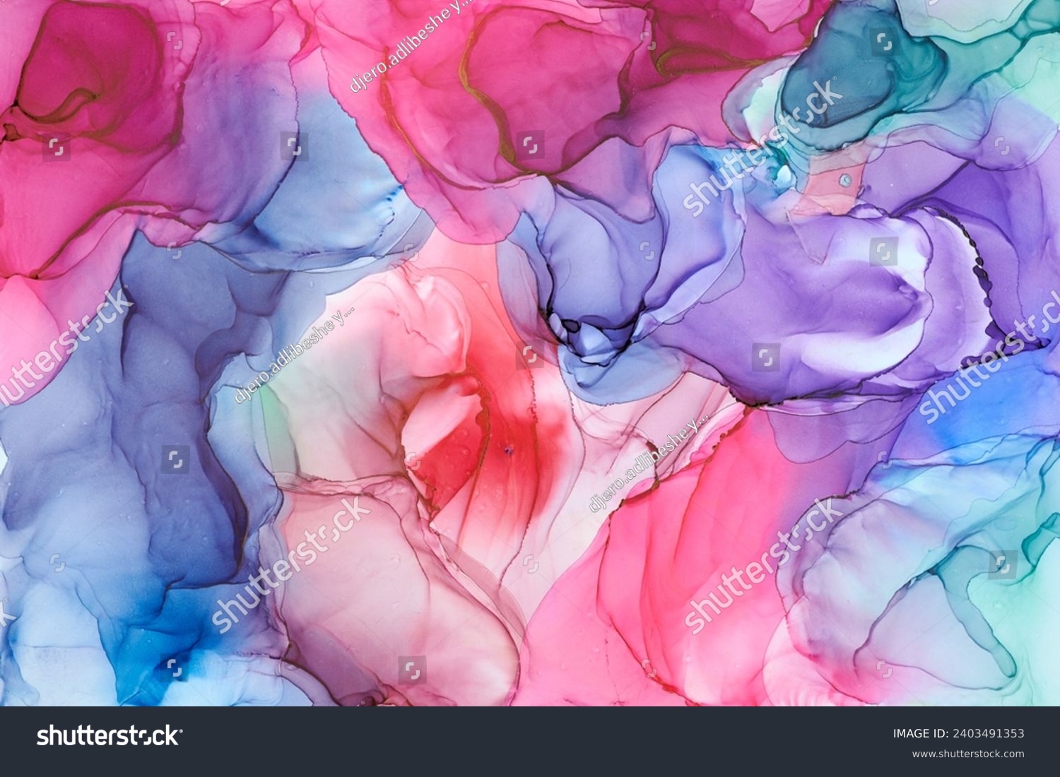 Natural  luxury abstract fluid art painting in alcohol ink technique. Tender and dreamy  wallpaper. Mixture of colors creating transparent waves and golden swirls. For posters, other printed materials #2403491353