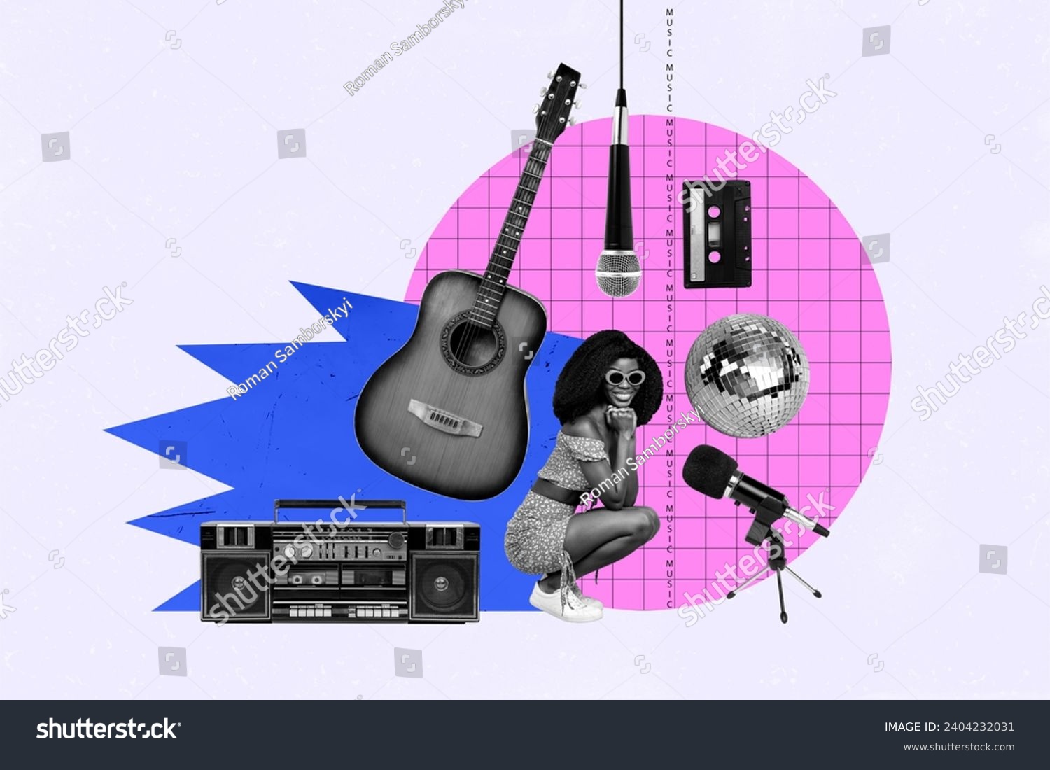 Collage photo illistration poster funky young girl 90s retro stylish club music equipment guitar microphone boombox discoball party #2404232031