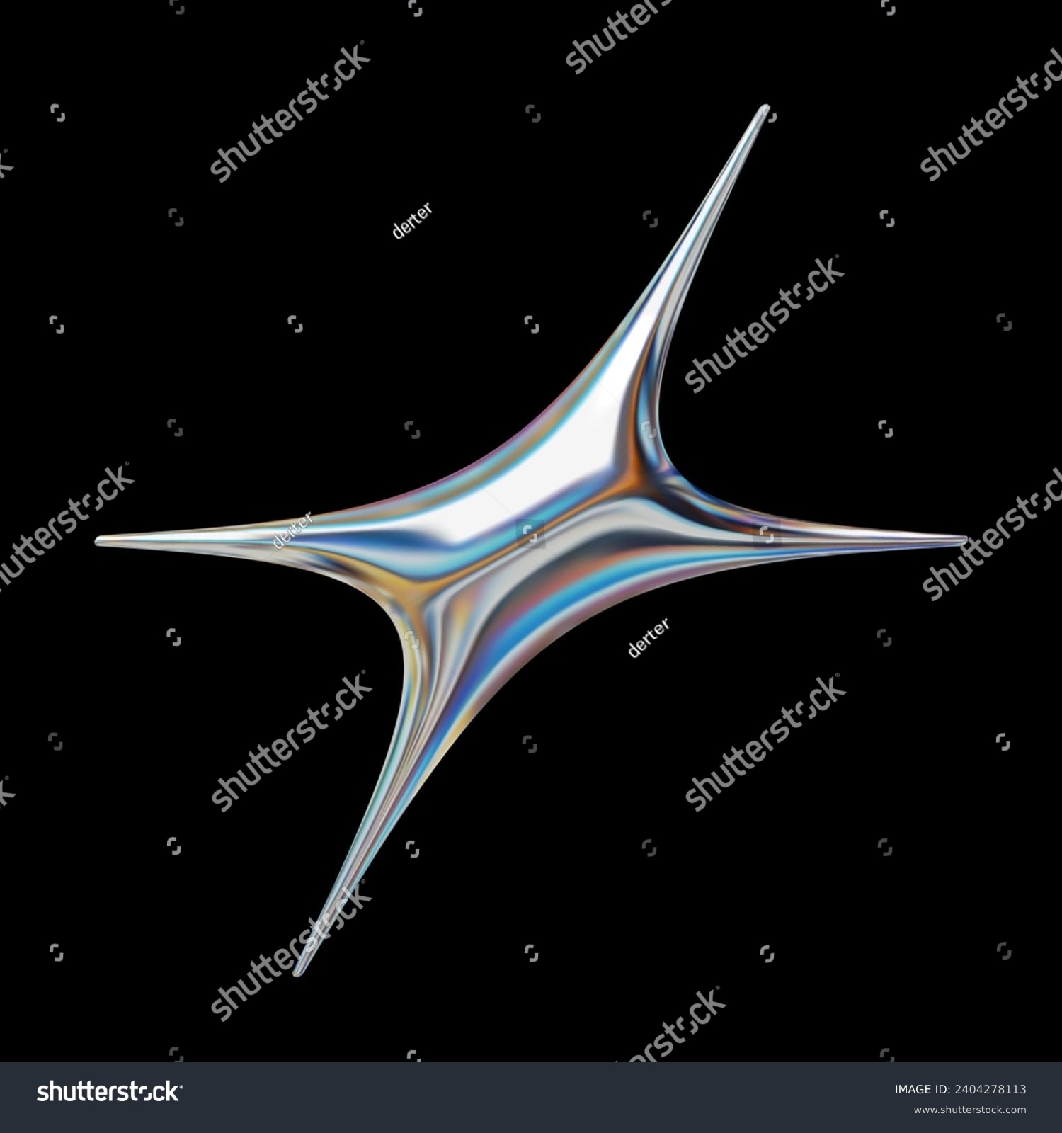 Glossy 3D holographic Y2K style star, shining chrome metallic shape for modern futuristic design. Isolated vector element #2404278113