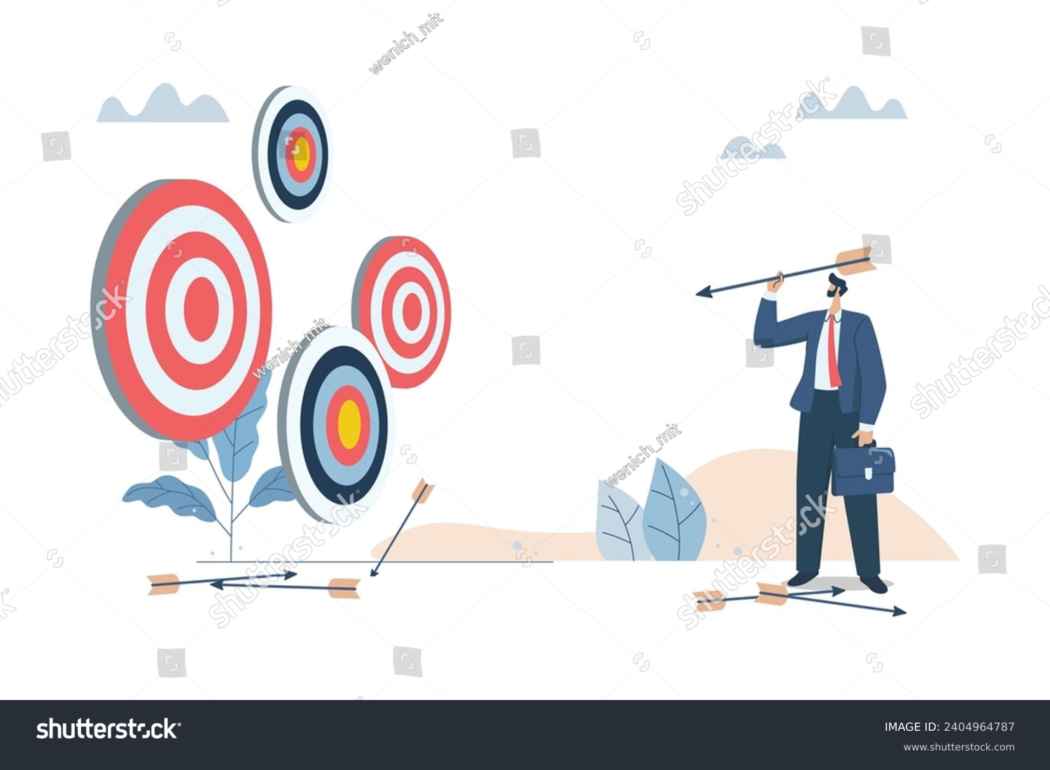 Multiple objectives, Aiming at multiple targets, Failures and incorrect attempts, Unable to decide which target to shoot at, Businessman with multiple arrows and targets. Vector design illustration. #2404964787