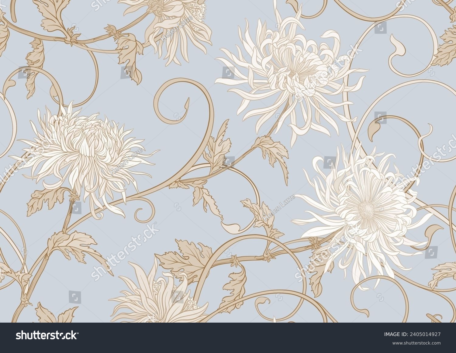 Chrysanthemum decorative flowers and leaves in art nouveau style, vintage, old, retro style. Seamless pattern, background. Vector illustration In vintage blue and beige colors #2405014927