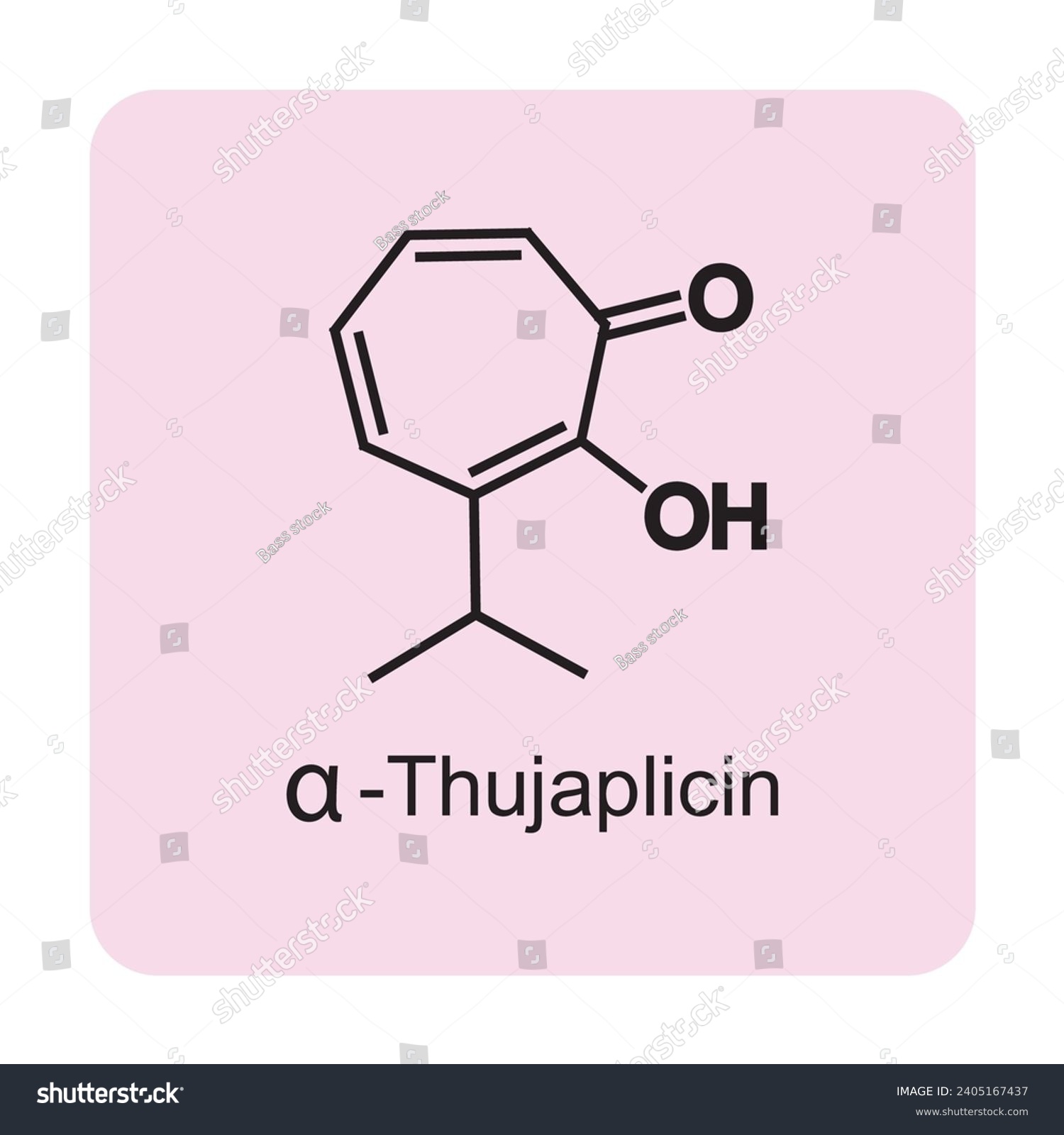 α-Thujaplicin skeletal structure diagram.Monoterpenoid compound molecule scientific illustration on pink background. #2405167437