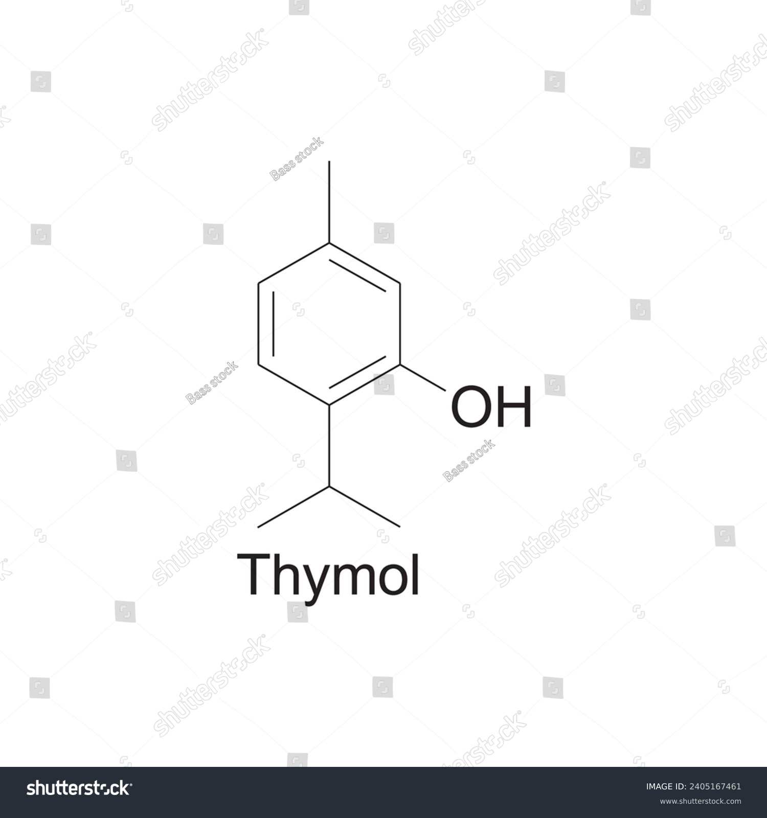 Thymol skeletal structure diagram.Monoterpenoid compound molecule scientific illustration on white background. #2405167461
