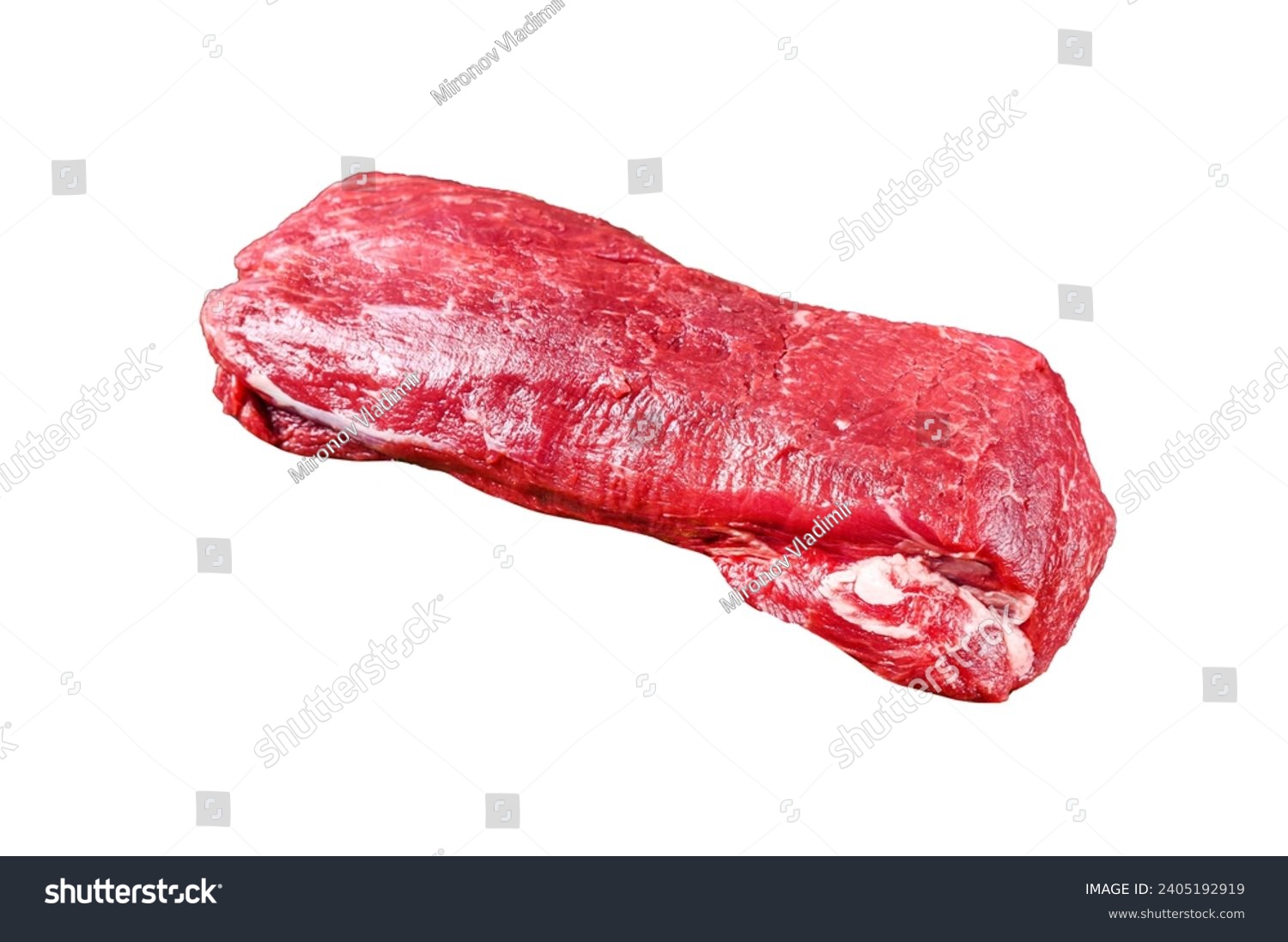 Raw Tenderloin veal meat for steaks fillet mignon Isolated on white background, top view #2405192919