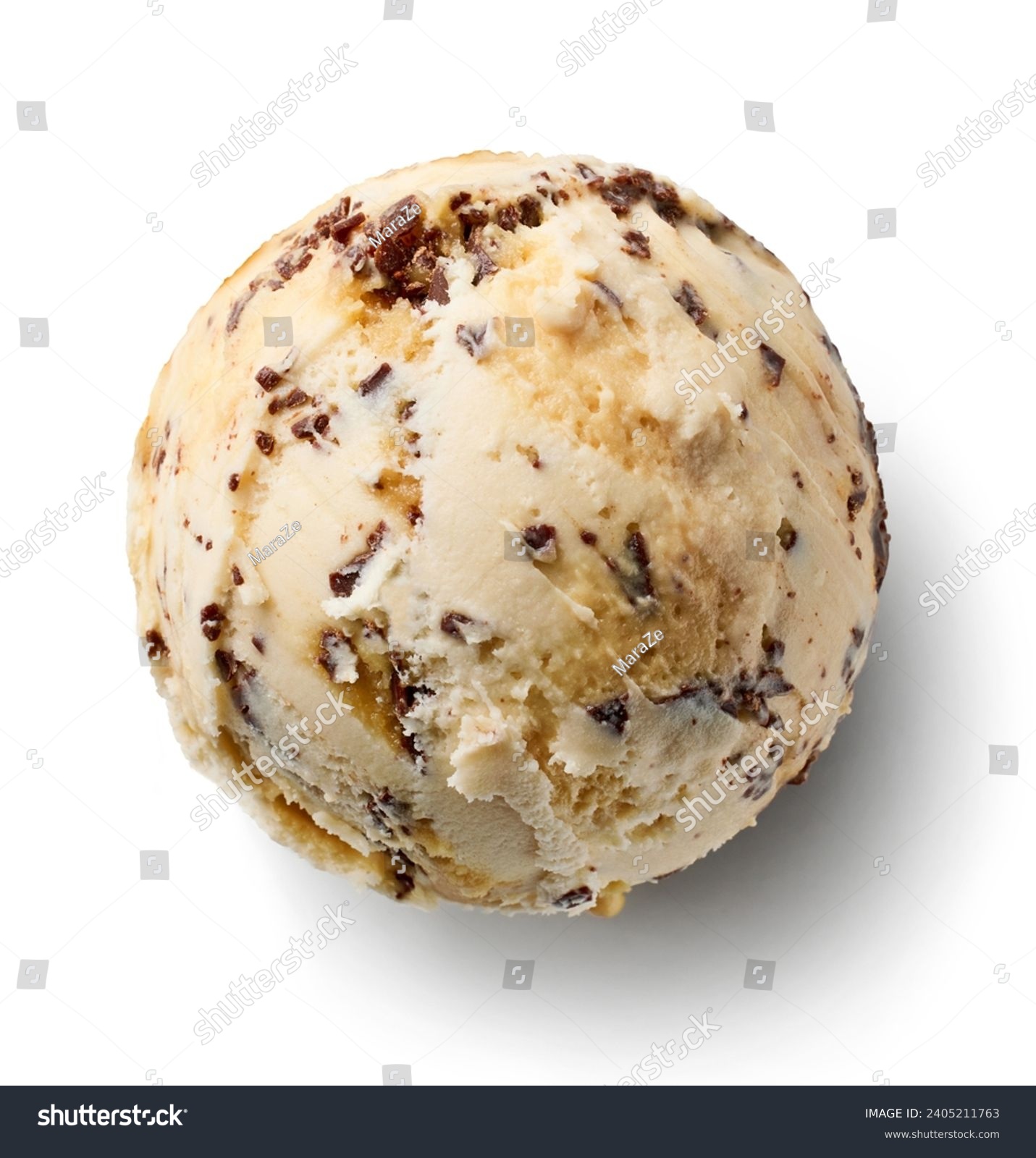 coffee liqueur ice cream scoop with chocolate pieces  isolated on white background, top view #2405211763