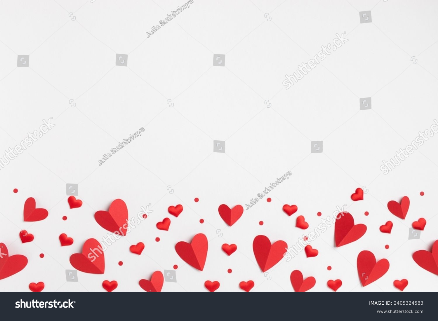 Valentine or Mother day festive greeting card border from various mixed red hearts on white background top view and flat lay. #2405324583