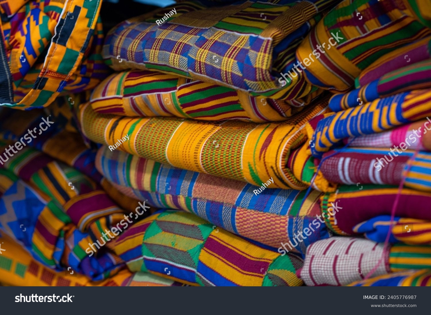 Close up shot of selection of Kente cloth #2405776987