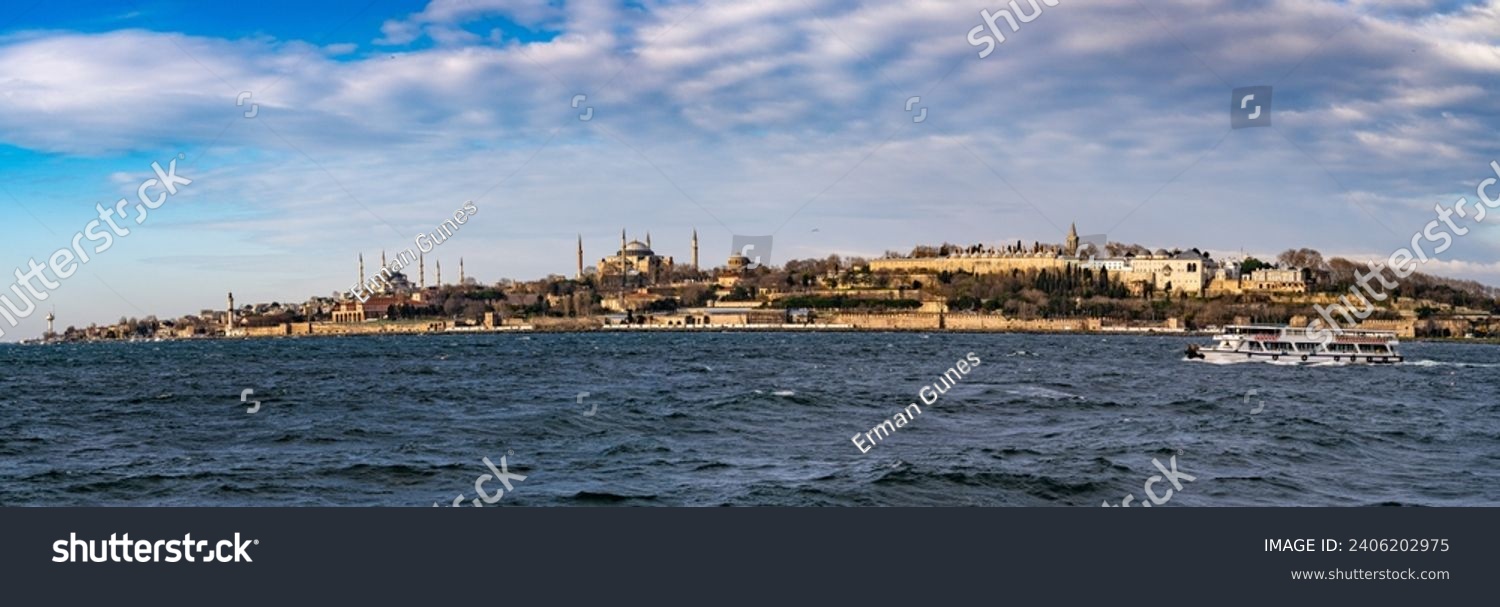 Panoramic view of Topkapi Palace, Hagia Sophia Mosque and Sultanahmet Mosque in the historical peninsula of Istanbul. #2406202975