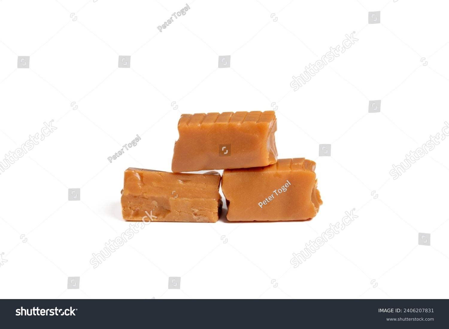 Delicious Caramel Candy Stacked like Bricks on White Background – Sweet Indulgence #2406207831