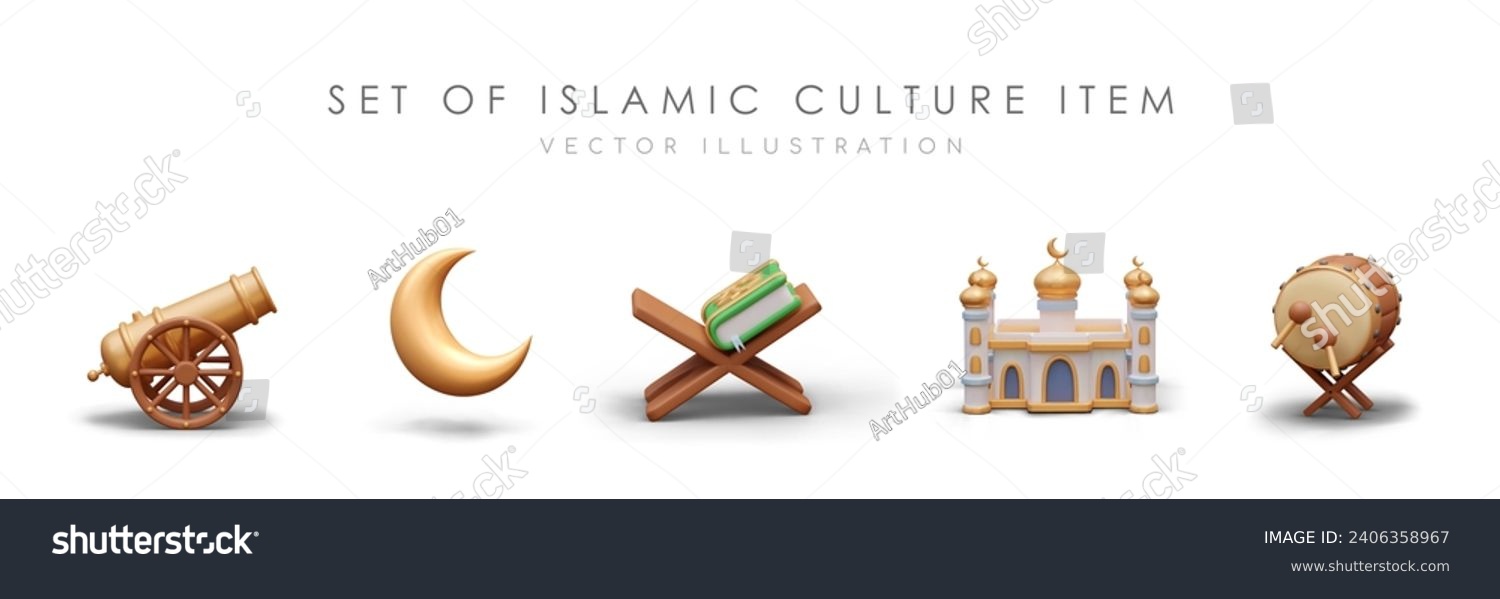 Set of Islamic culture items. Golden cannon and moon, traditional mosque building, Quran on wooden stage and musical instrument bedug drum. Vector illustration in 3d style #2406358967