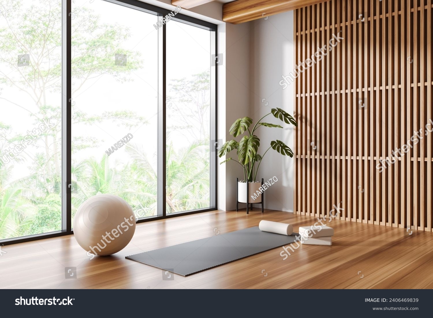 Corner of panoramic yoga studio with white and wooden walls, wooden floor, yoga mat and white fitball. 3d rendering #2406469839