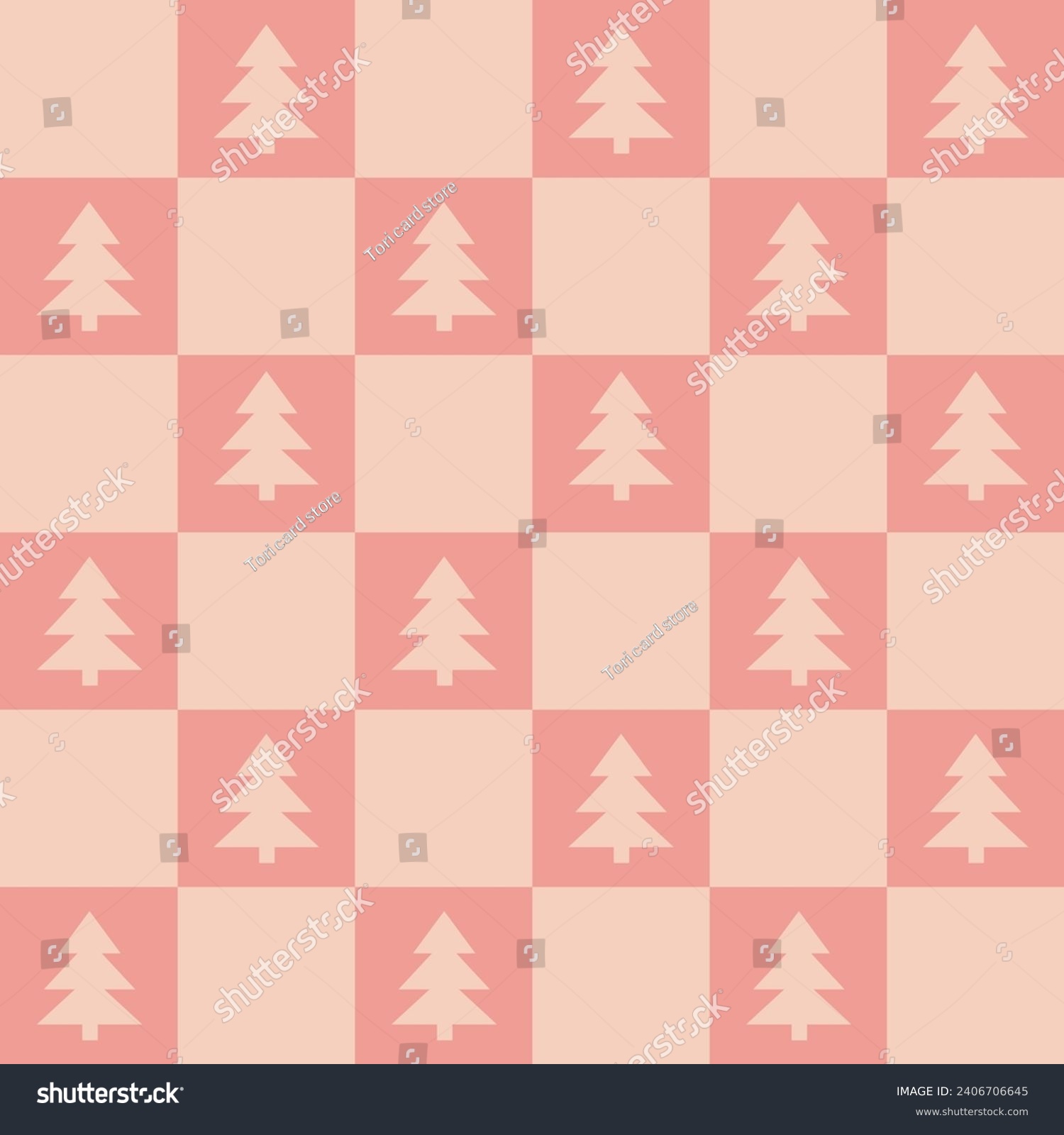 Cute retro vintage Christmas tree Checkerboard Y2K seamless pattern vector background. Abstract festive red and pink texture wallpaper with Xmas tree icon silhouette, modern trendy textile design #2406706645