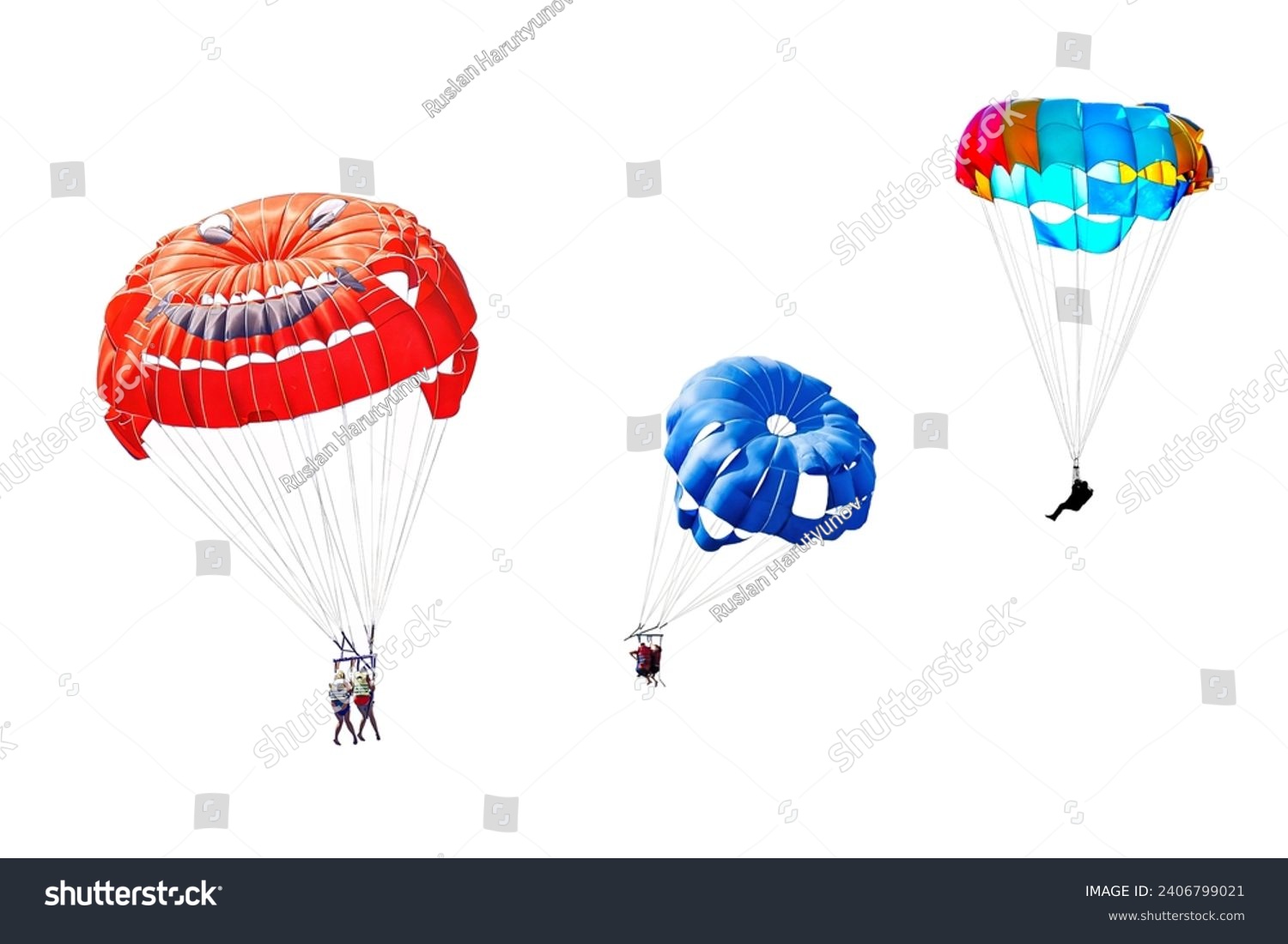 Three different images of skydivers on colorful parachutes isolated on a white background #2406799021